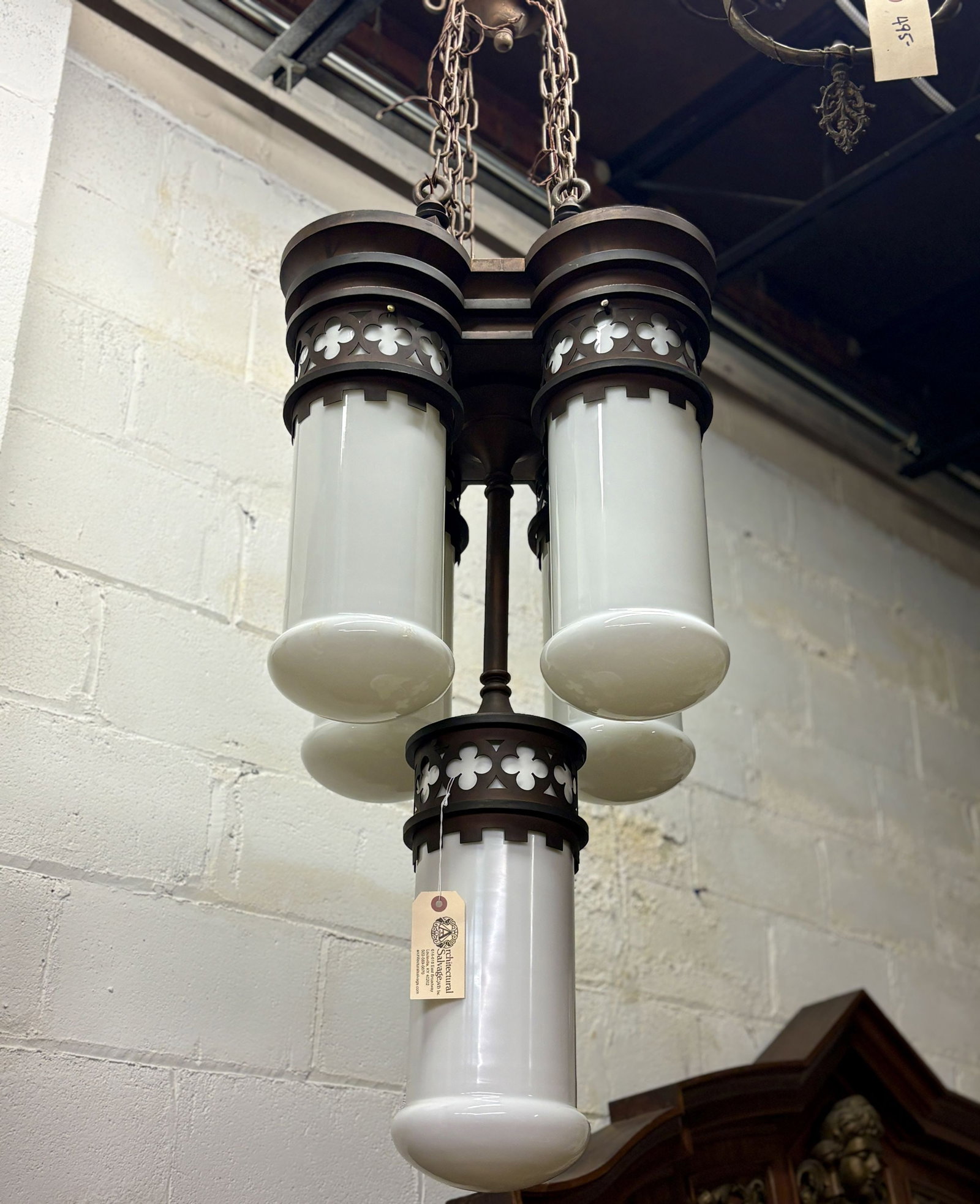 Antique Architectural Salvage Chandelier With Bronze Metalwork And White Glass Cylindrical Shades - (1 of 7)