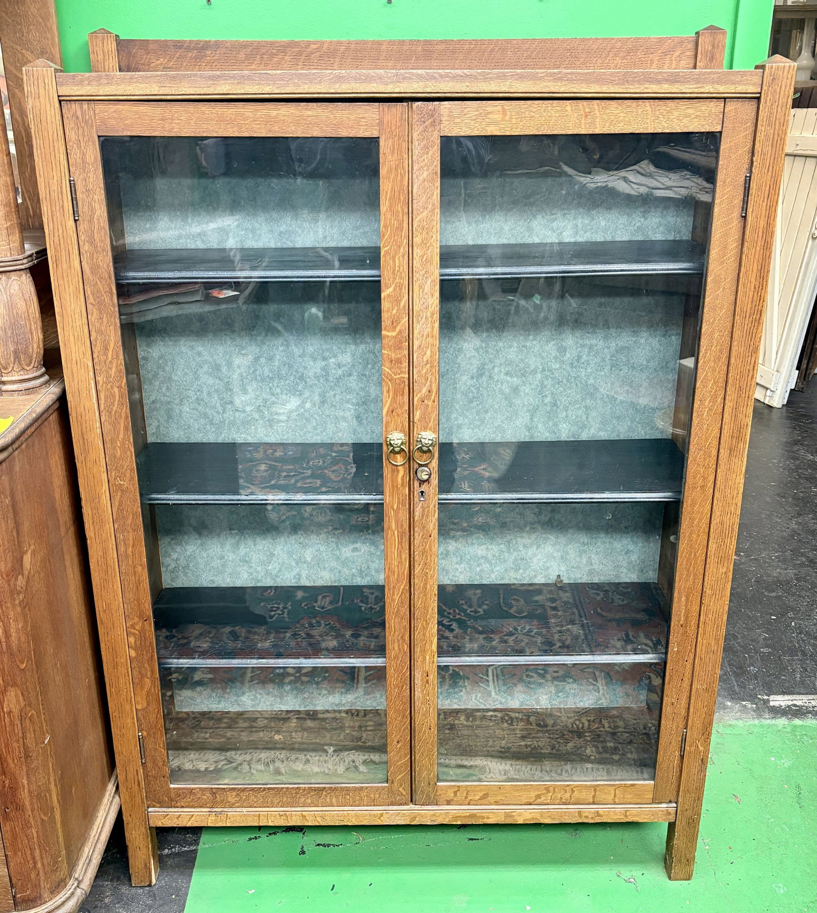 Antique Tiger Oak Victorian-Style Double Door Bookcase With Lion-Head Hardware 14"X41.5"X58" - NOT (1 of 8)