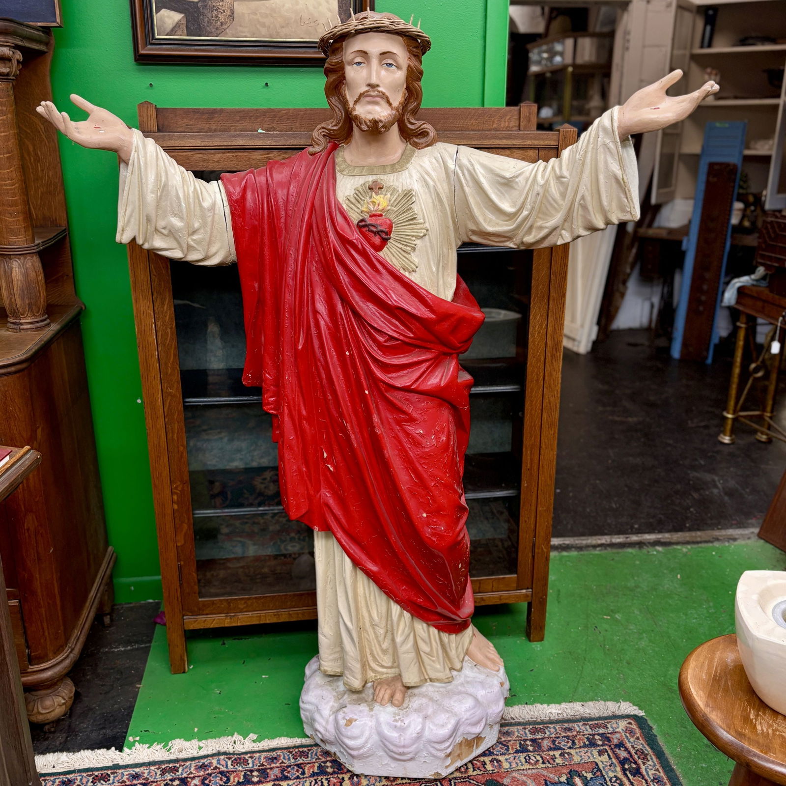 Large Vintage Plaster Depiction Of Jesus Christ - Sacred Heart Of Jesus Style 17"X48"X63" - NOT: Large Vintage Plaster Depiction Of Jesus Christ - Sacred Heart Of Jesus Style 17"X48"X63" - NOT AVAILABLE FOR SHIPPING, PICK UP OR TRANSPORT ONLY