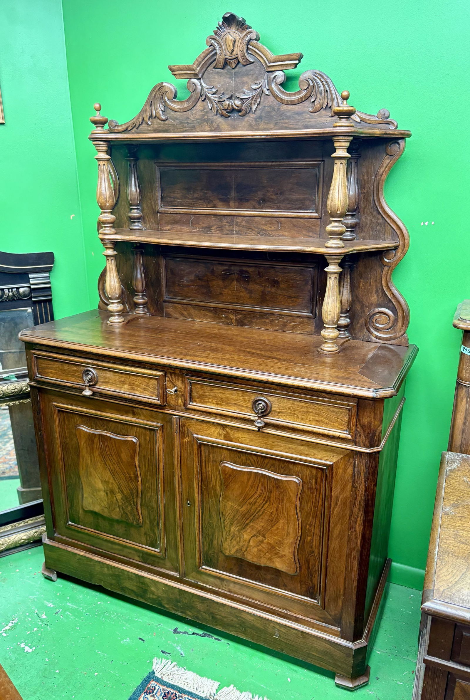 Antique French Walnut Buffet - Detailed Carvings Are Prominent On Crest. 18"X50"X74" - NOT (1 of 9)