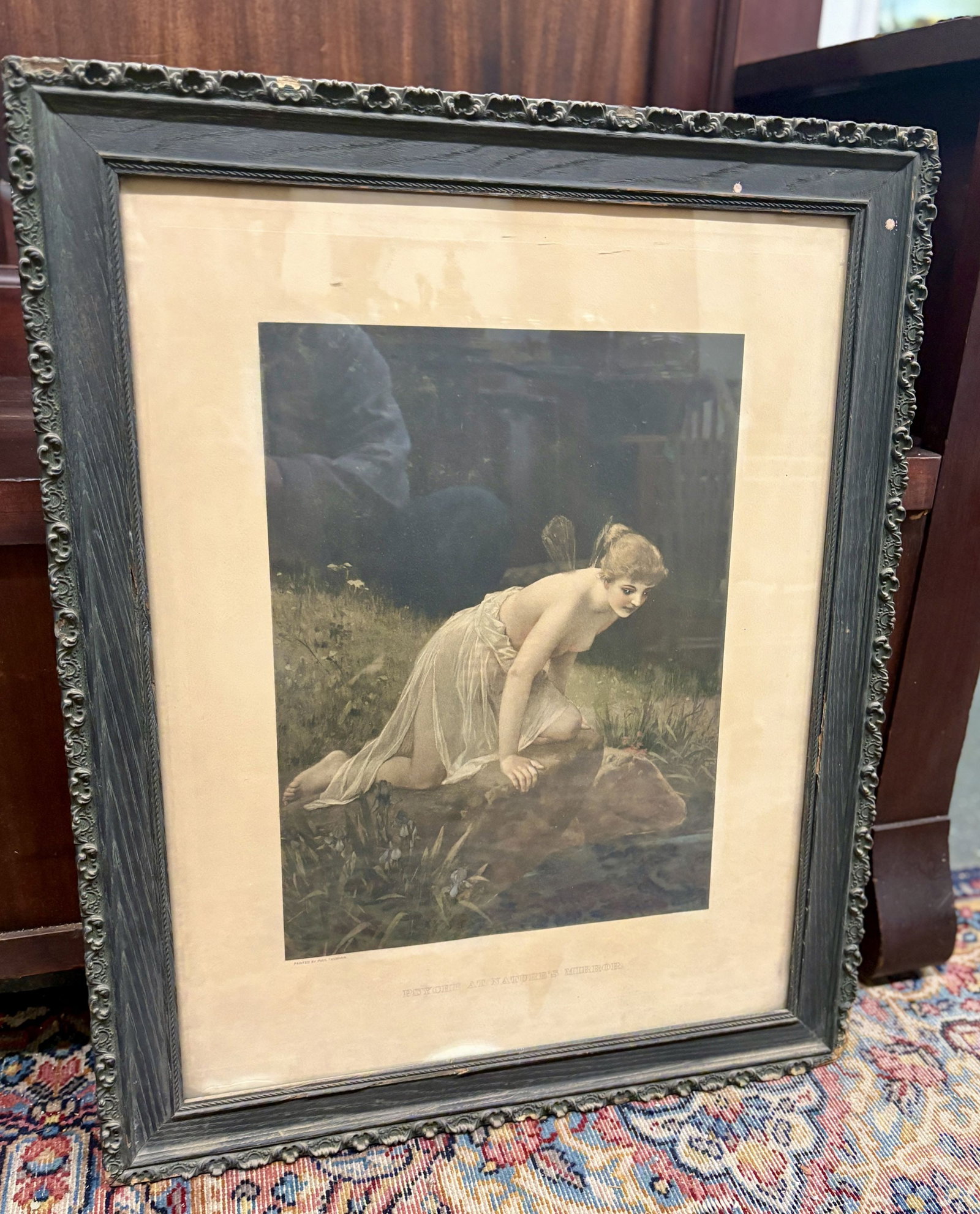 Vintage Framed Print Of "Psyche At Nature's Mirror" By German Artist Friedrich Paul Thumann 21"X27": Vintage Framed Print Of "Psyche At Nature's Mirror" By German Artist Friedrich Paul Thumann 21"X27" - NOT AVAILABLE FOR SHIPPING, PICK UP OR TRANSPORT ONLY