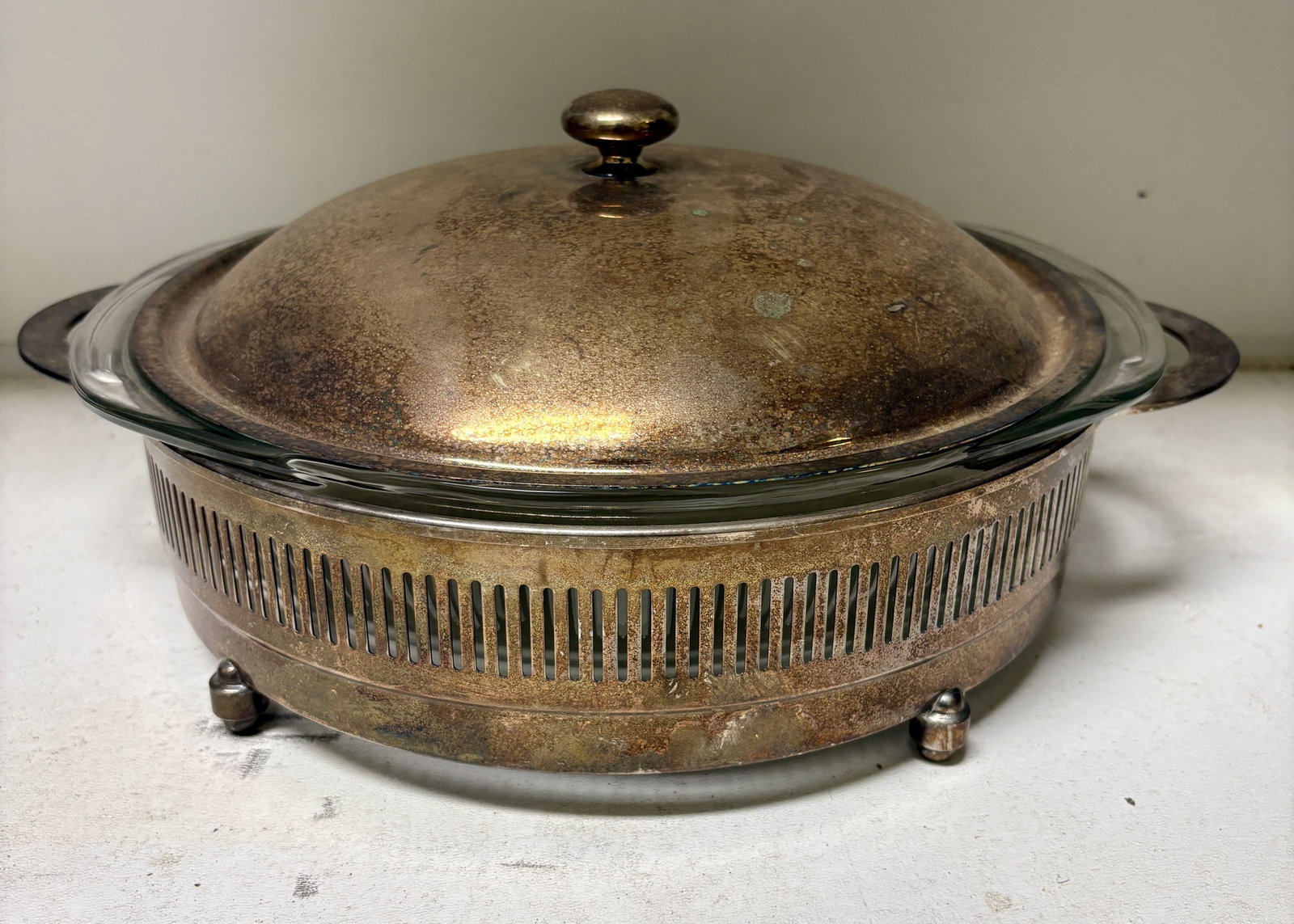 Vintage Pyrex Glass Casserole Dish Housed In Silver Plated Warmer With Lid 13"X4" - NOT AVAILABLE (1 of 3)