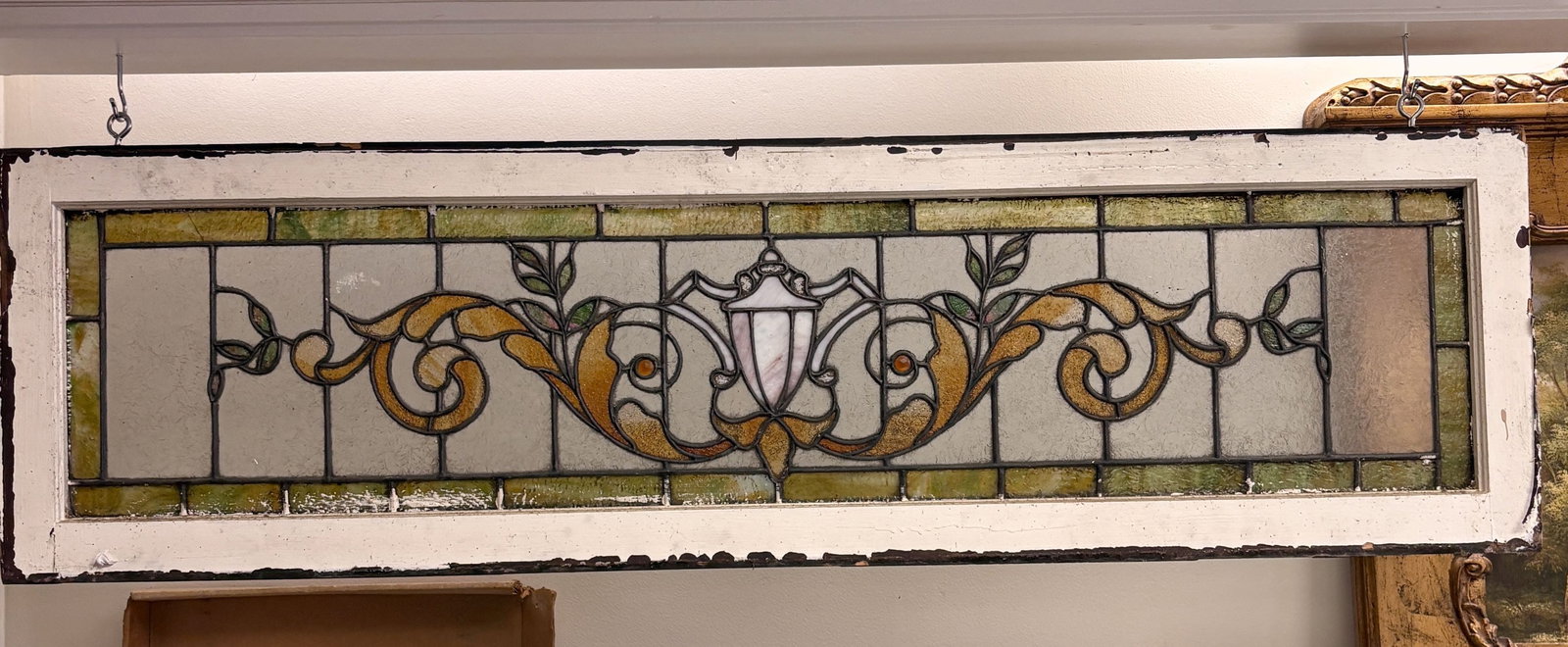 Victorian Stained And Leaded Glass Transom Window Panel With Ornamental Centerpiece 16"X58" - NOT (1 of 4)