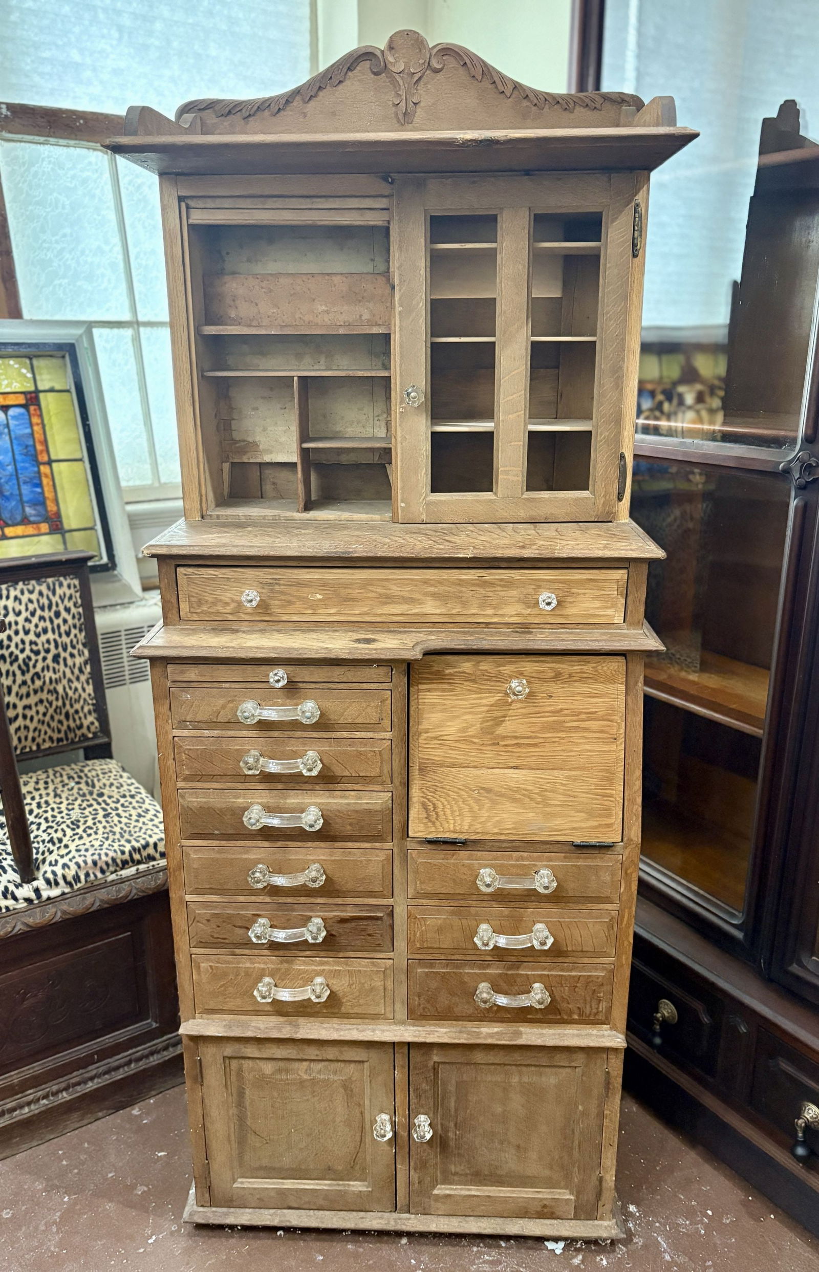 Antique Oak Dental Cabinet - Multi Drawer With Glass Handles 27"X16"X67" (1 of 7)