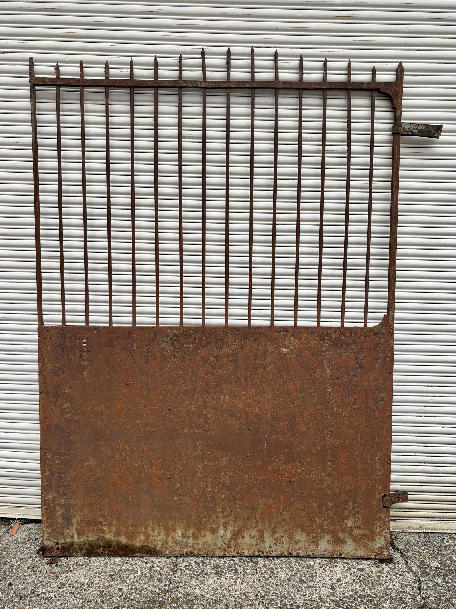 Early Architectural Salvaged Heavy Iron Gate, Solid Lower Panel And Spiked Top; 60"X81" - NOT: Early Architectural Salvaged Heavy Iron Gate, Solid Lower Panel And Spiked Top; 60"X81" - NOT AVAILABLE FOR SHIPPING, PICK UP OR TRANSPORT ONLY