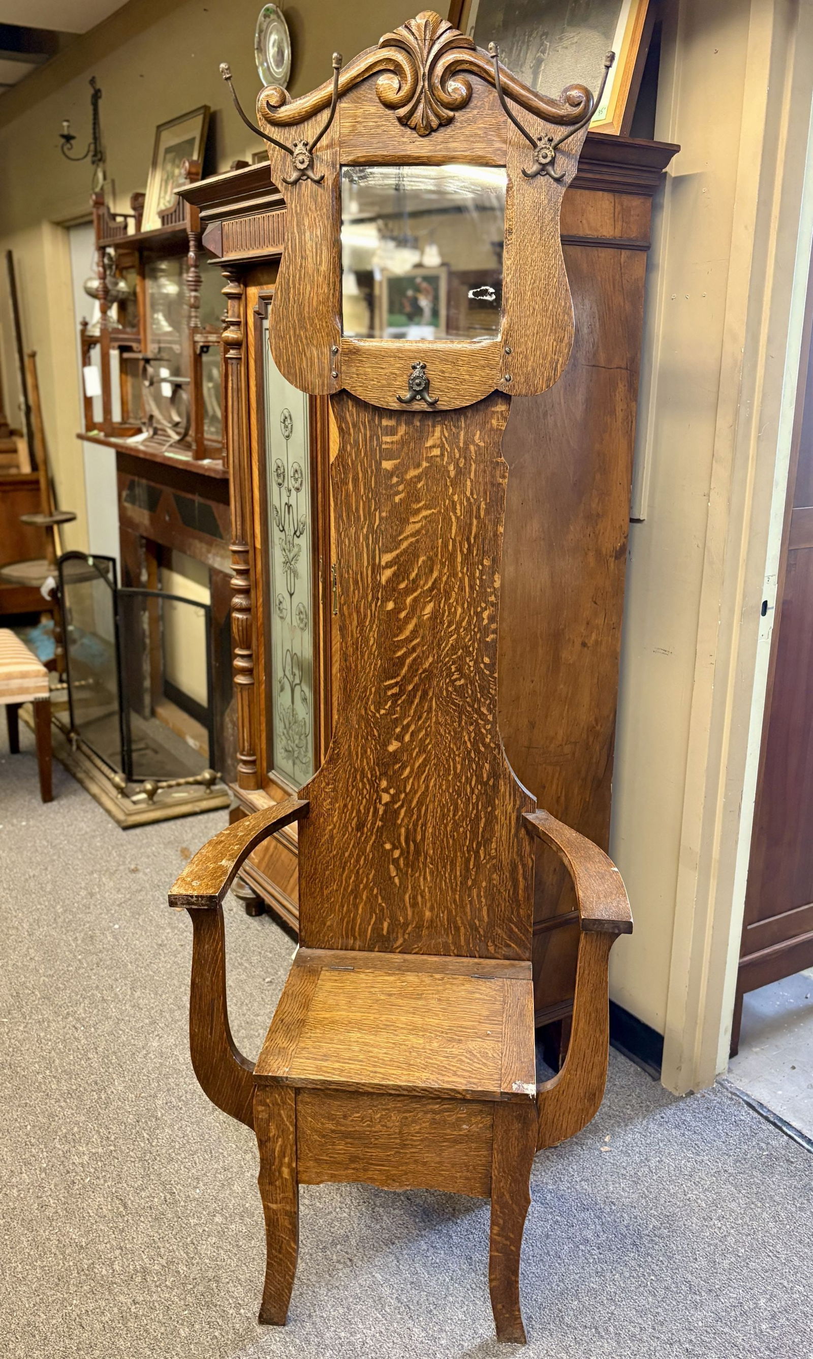C.1910 Antique Oak Hall Tree With Bench - Storage 16"X25"X75" - NOT AVAILABLE FOR SHIPPING, PICK (1 of 8)
