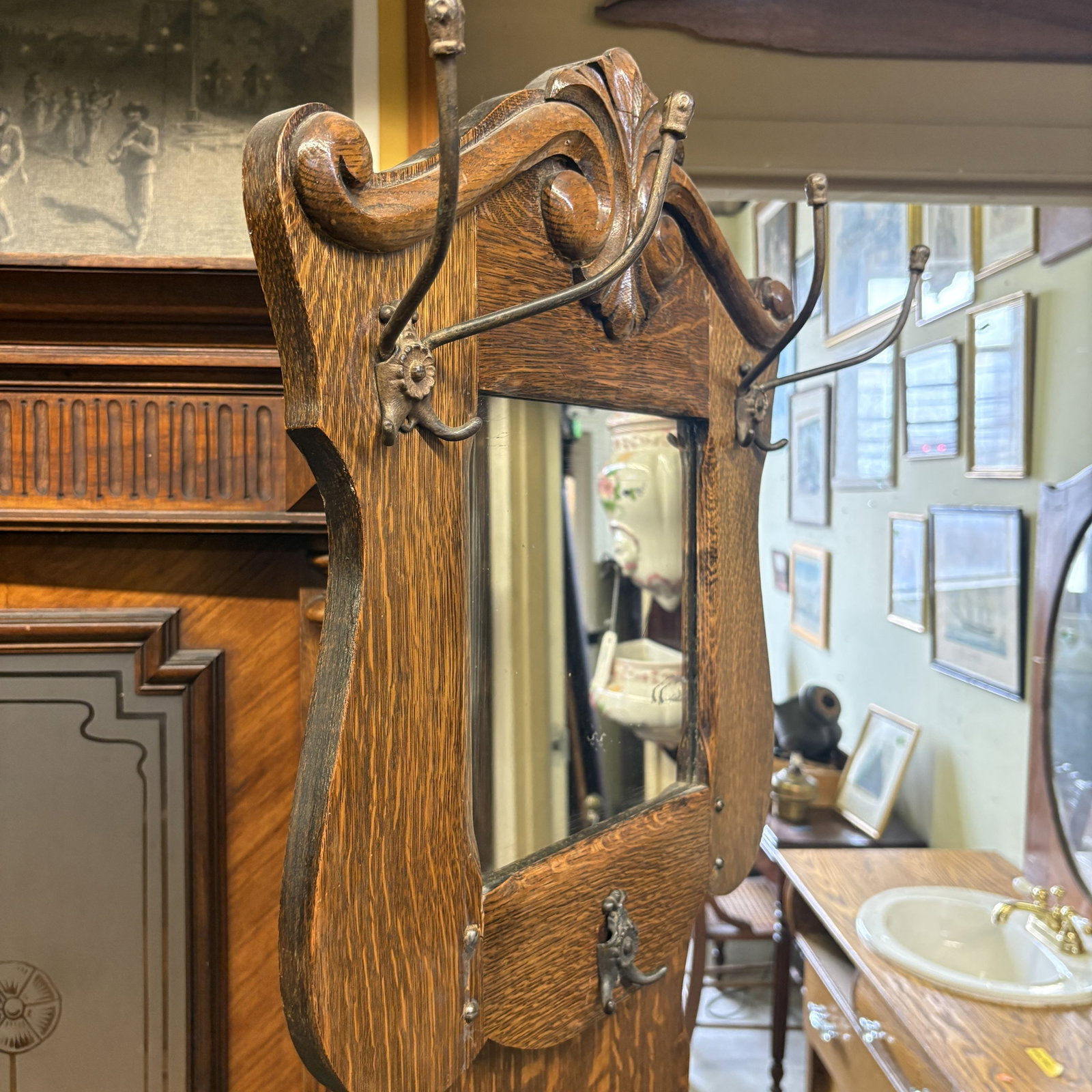 C.1910 Antique Oak Hall Tree With Bench - Storage 16"X25"X75" - NOT AVAILABLE FOR SHIPPING, PICK - 6