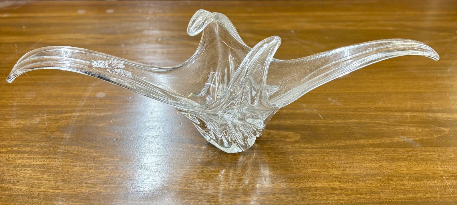 Mid Century French Pulled Blown Clear Glass Center Vase C.1950 9"X31"X10": Mid Century French Pulled Blown Clear Glass Center Vase C.1950 9"X31"X10"