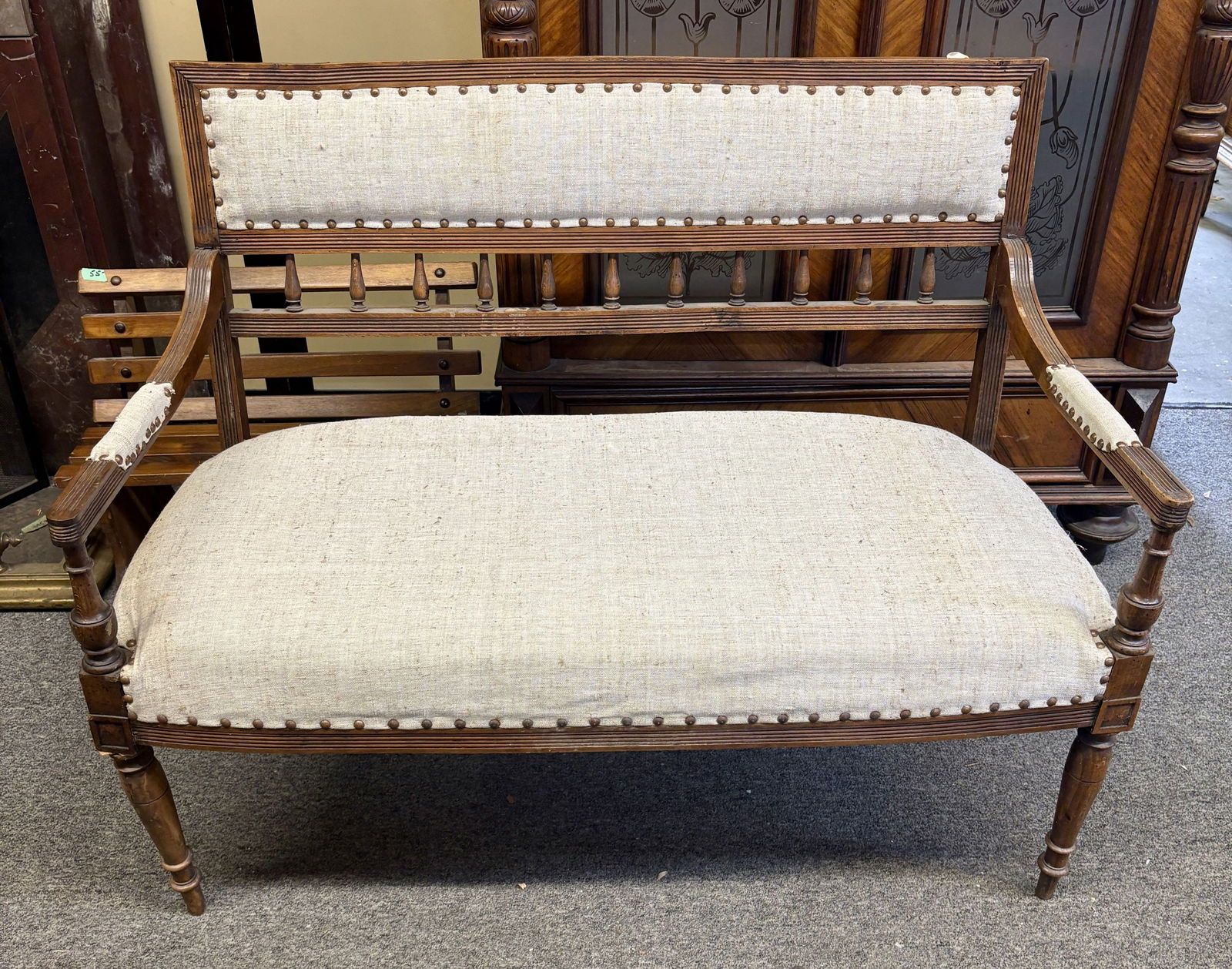 Antique Carved Spindle Back Upholstered Settee, companion to lot 205 - 20"x39"x33.5" - NOT (1 of 4)