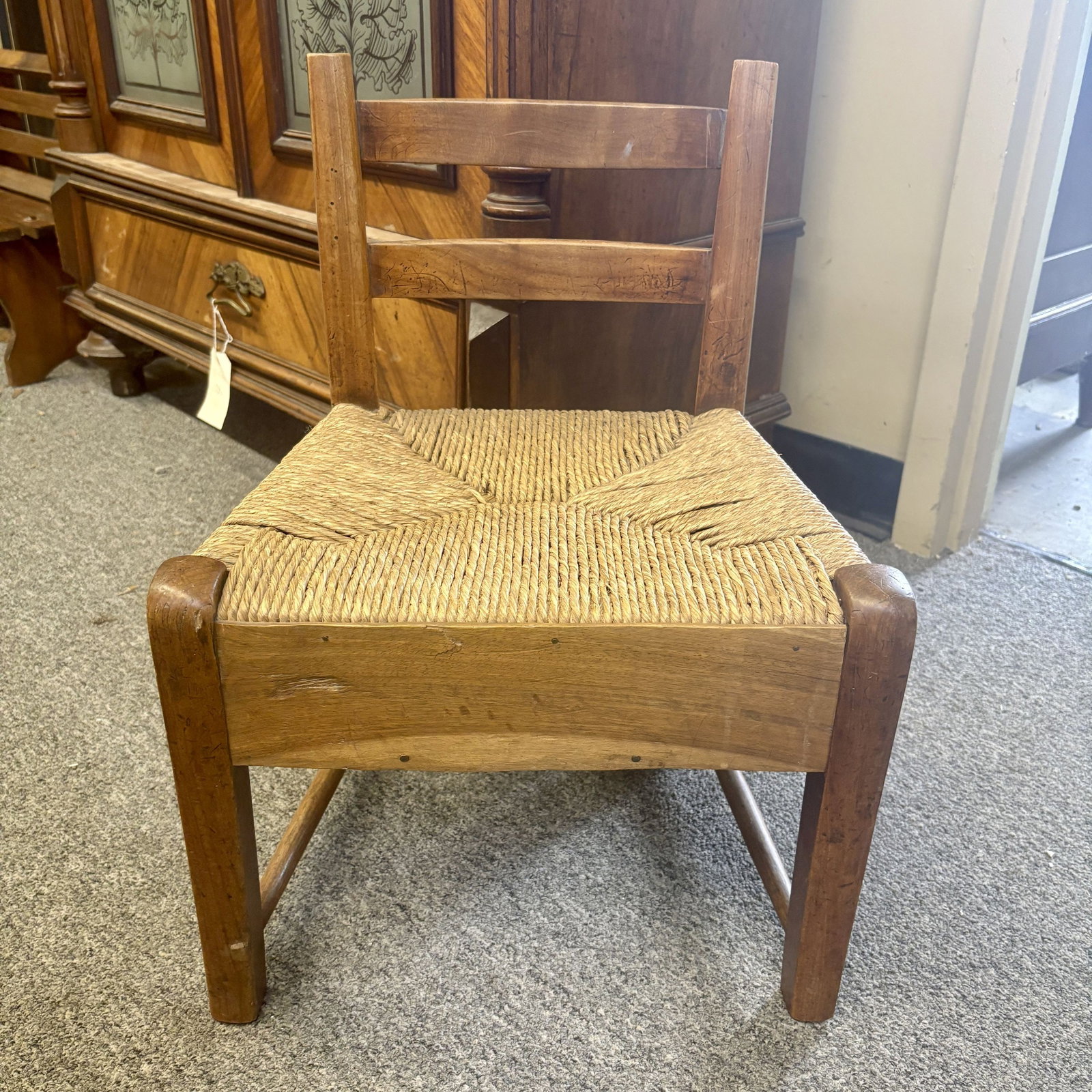 Vintage Solid Wood Child's Chair featuring a Ladder-back Design and a Woven Rush Seat - 16"x12" (1 of 4)