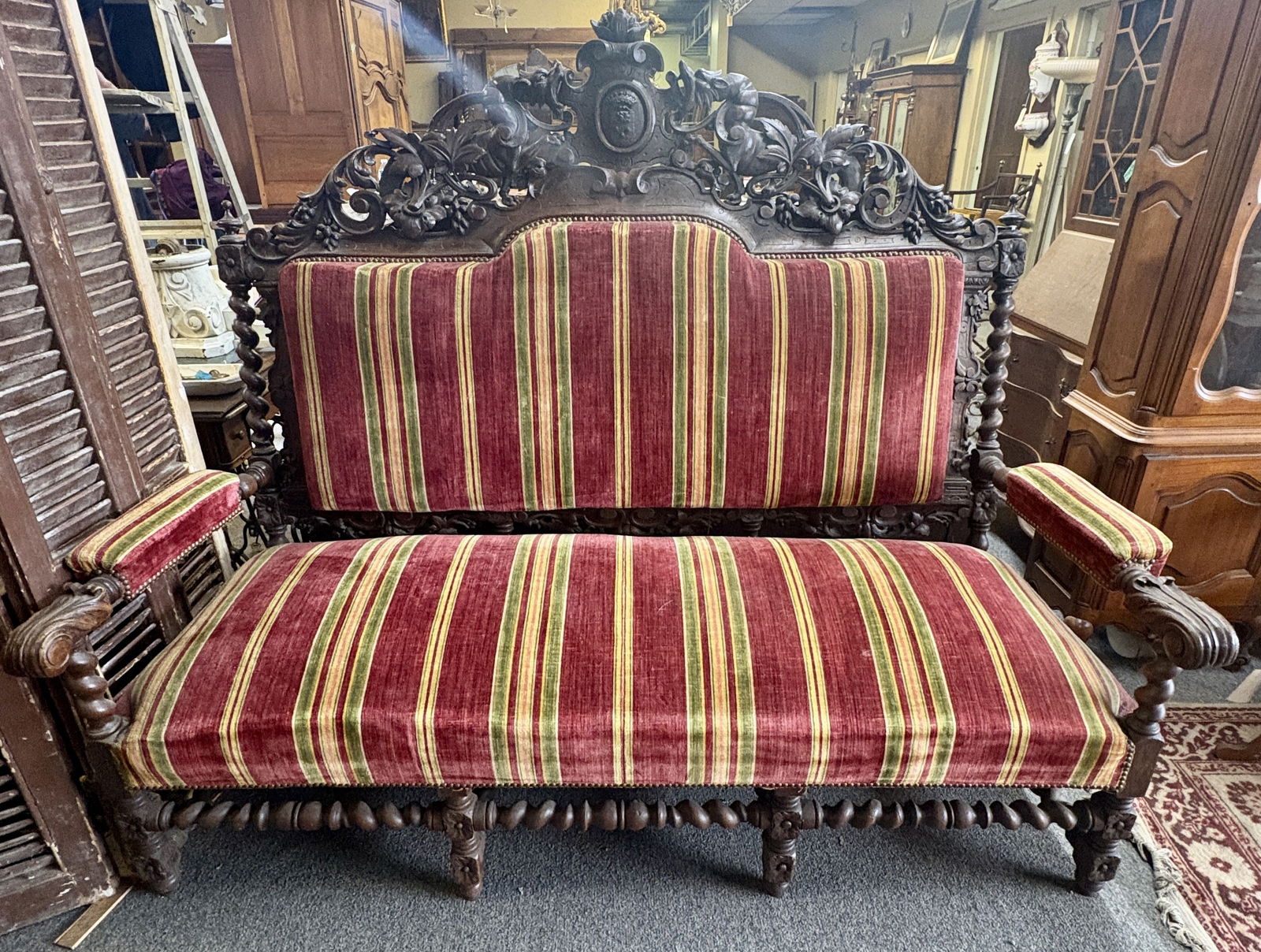Antique Ornately Hand Carved Victorian Settee in Floral Pattern with Griffins - 29"x72"x60" - (1 of 12)