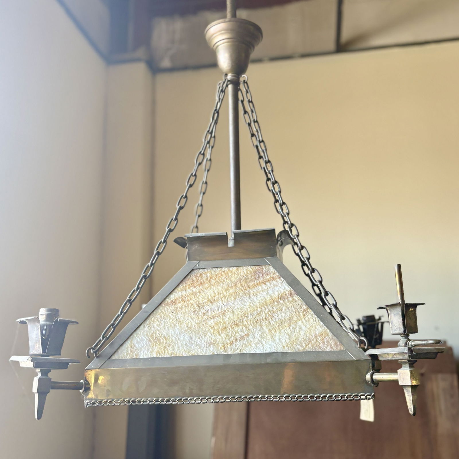 Antique Hanging Mission-style Pendant Light, featuring a metal frame and slag glass panels inspired (1 of 6)