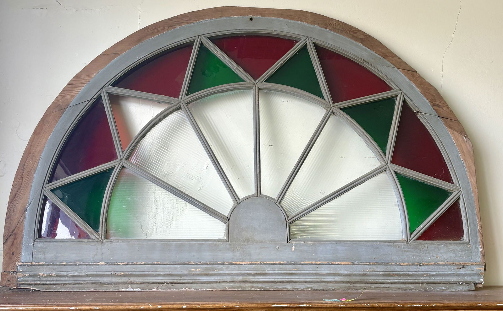 Antique Stained and Leaded Glass Transom Arched Window - 65"x40"x4": Antique Stained and Leaded Glass Transom Arched Window - 65"x40"x4"