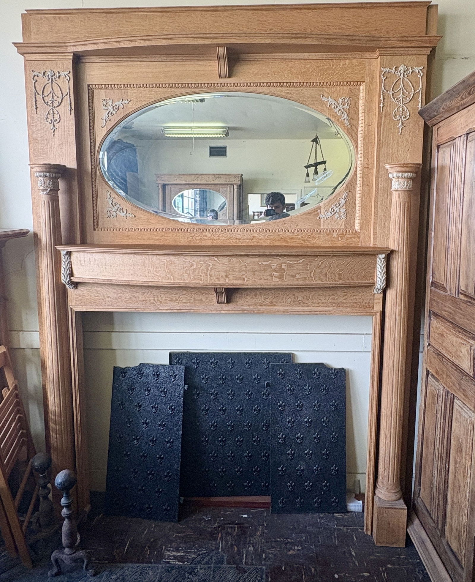 Oak Fireplace Mantel featuring an Oval Beveled Glass Mirror and Decorative Columns - 13"x75"x96" (1 of 6)