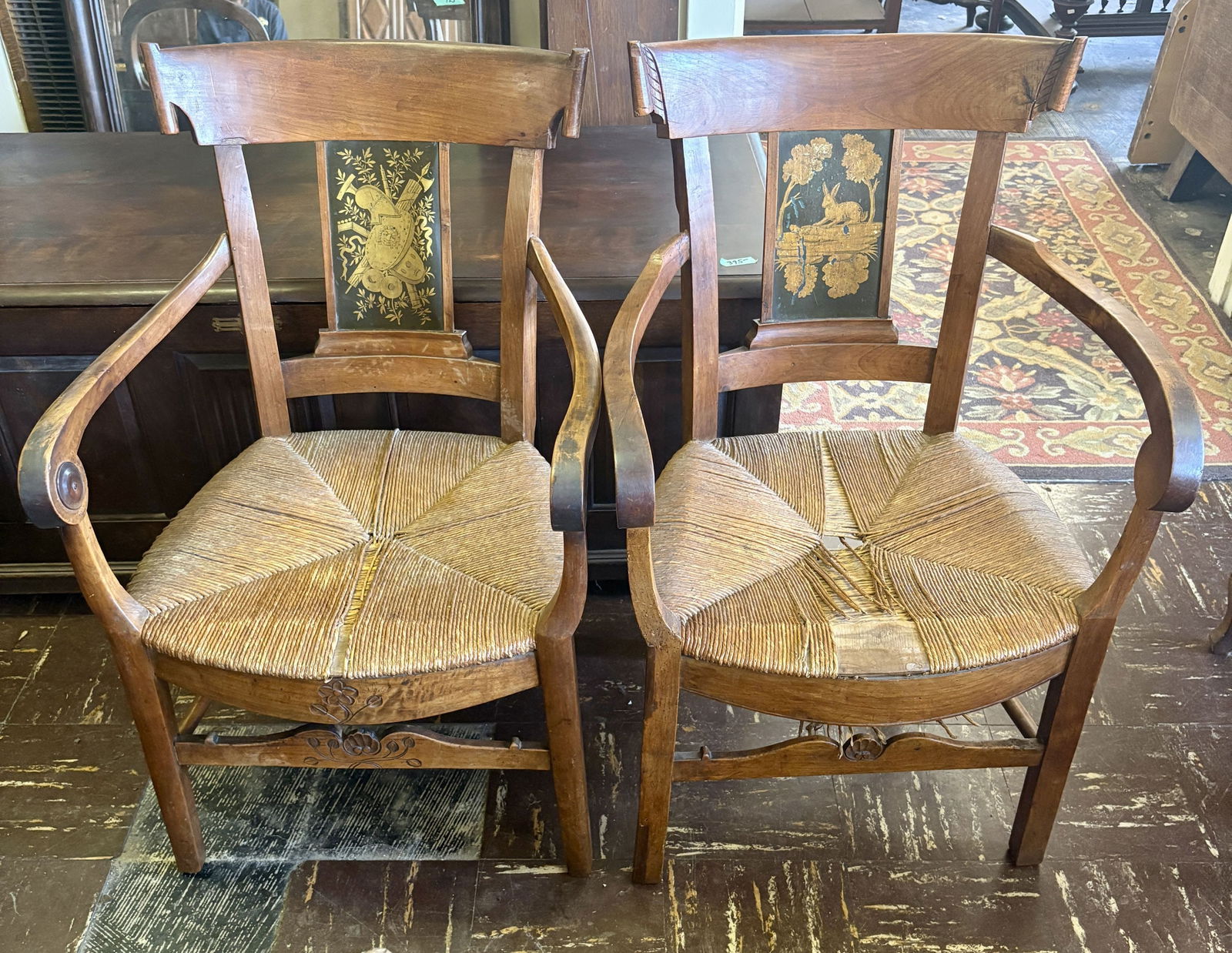 Pair of Antique Late Federal Painted Hitchcock-style Chairs, featuring Gilt Stenciling and Rush (1 of 7)