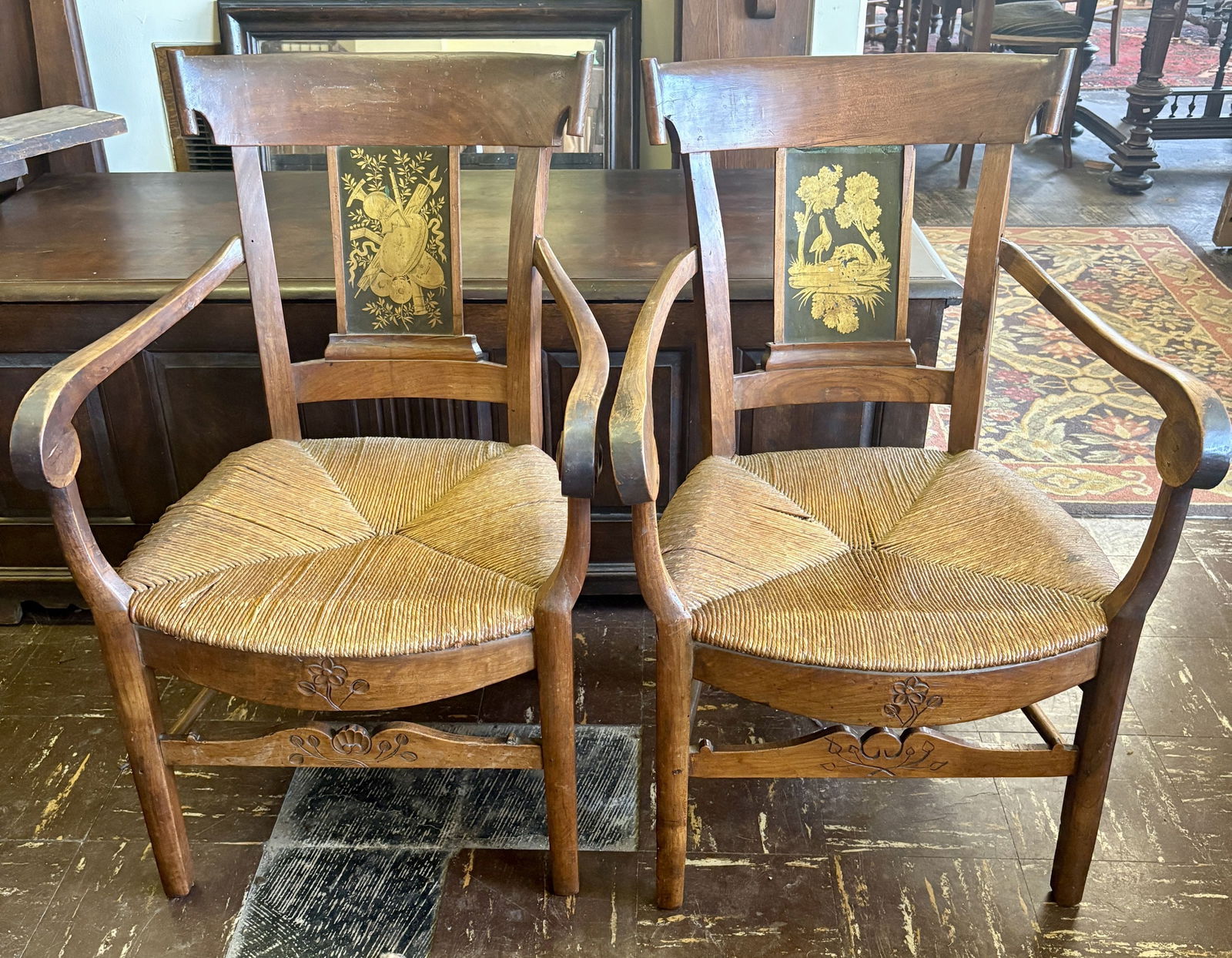 Pair of Antique Late Federal Painted Hitchcock-style Chairs, featuring Gilt Stenciling and Rush (1 of 6)