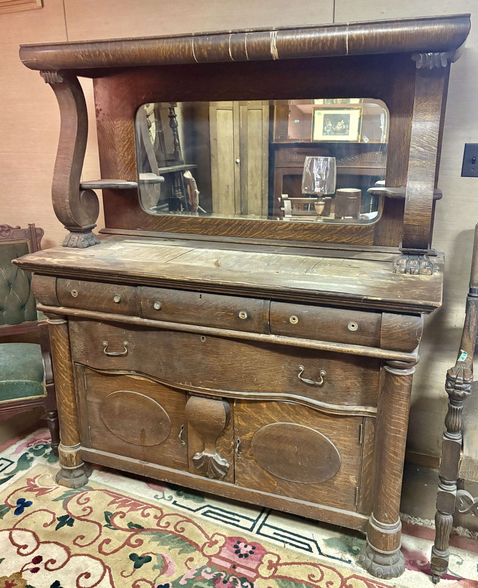 Antique Quarter Sawn Oak Sideboard With Claw Feet and Dovetail Construction, in as found condition (1 of 7)