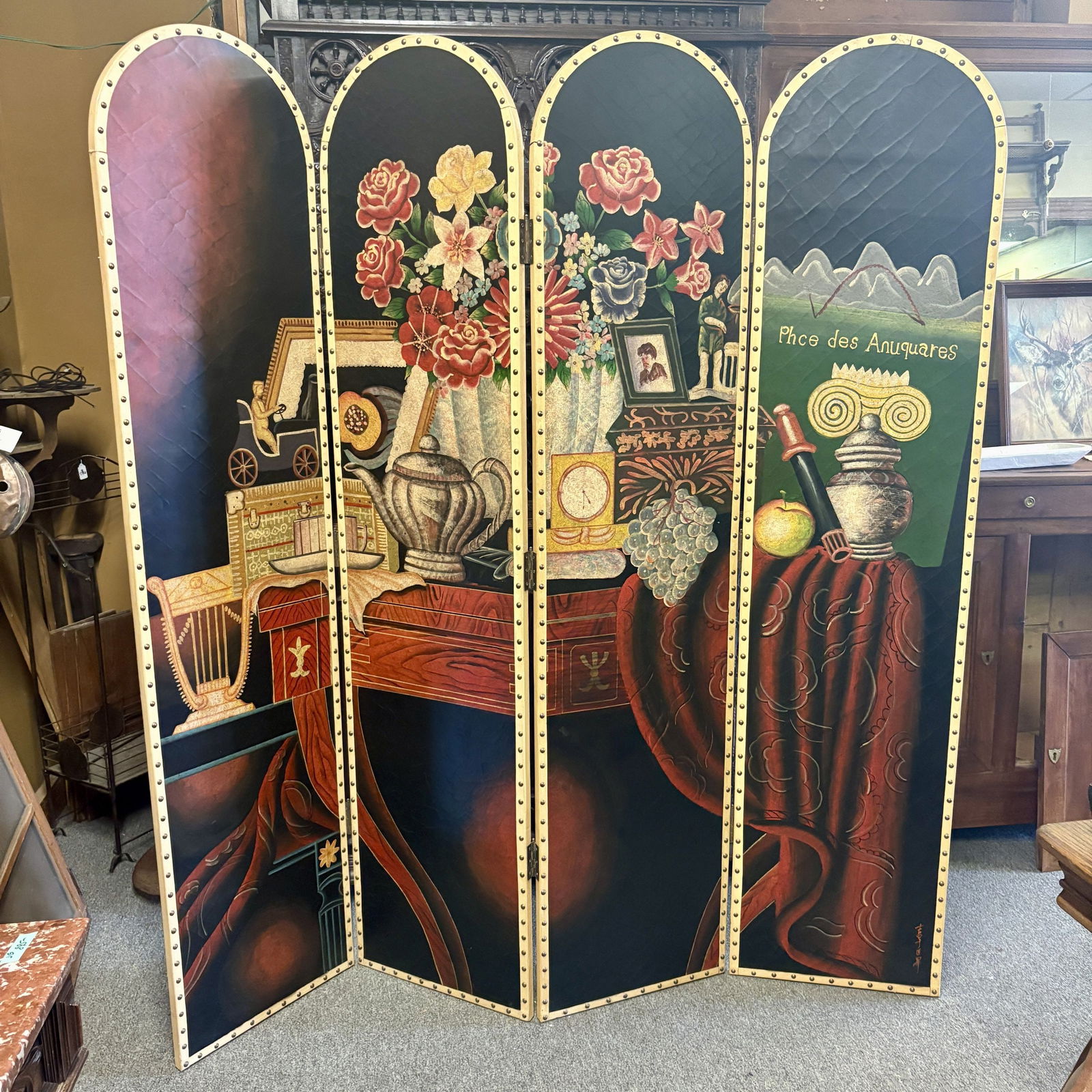 Large Antique Four-Fold Room Divider featuring an Asian-inspired Design and Nailhead Trim -: Large Antique Four-Fold Room Divider featuring an Asian-inspired Design and Nailhead Trim - 68"x78"