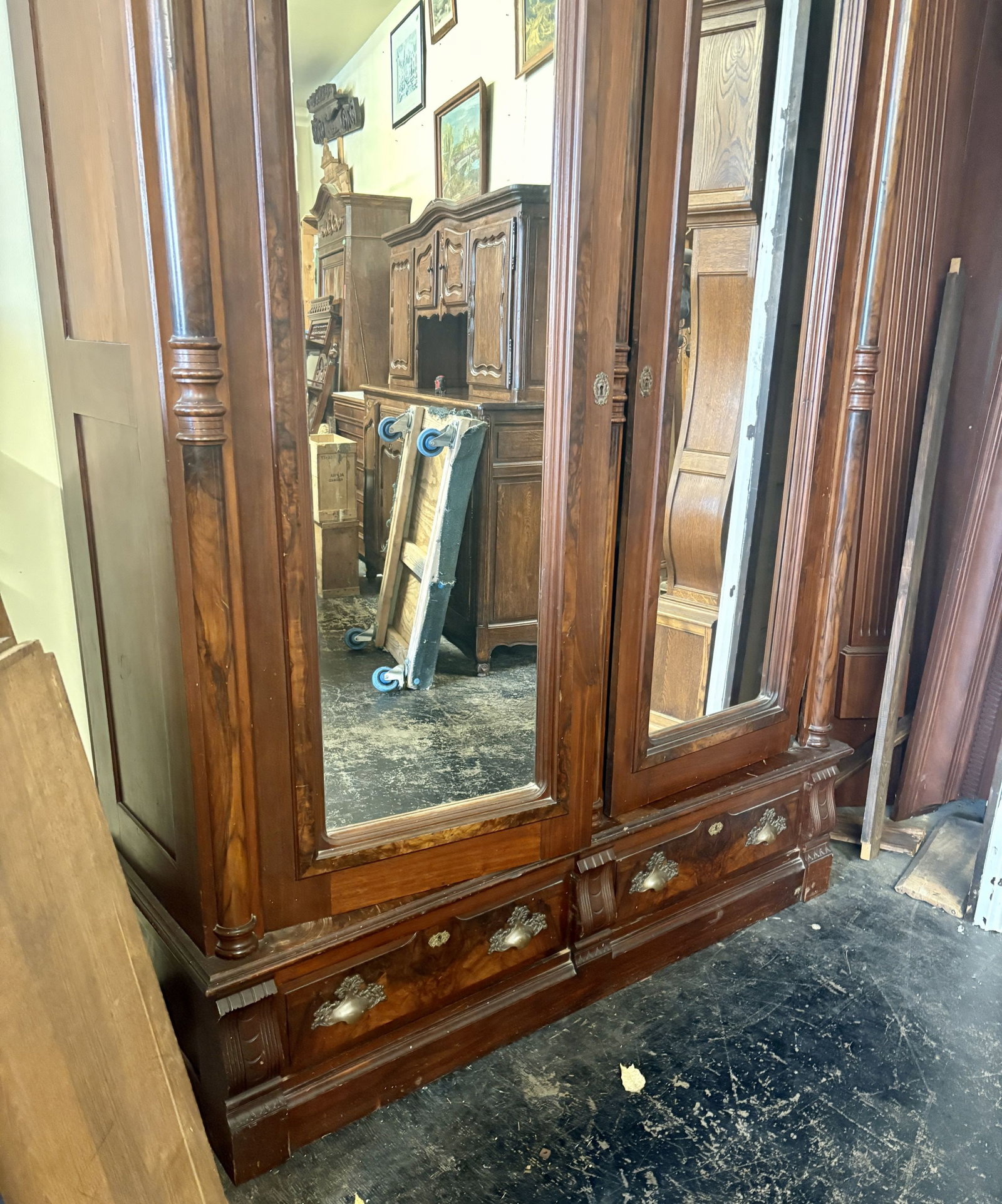 Antique Walnut Armoire, likely French in Origin, featuring Two Doors with Beveled Mirrored Panels - 3