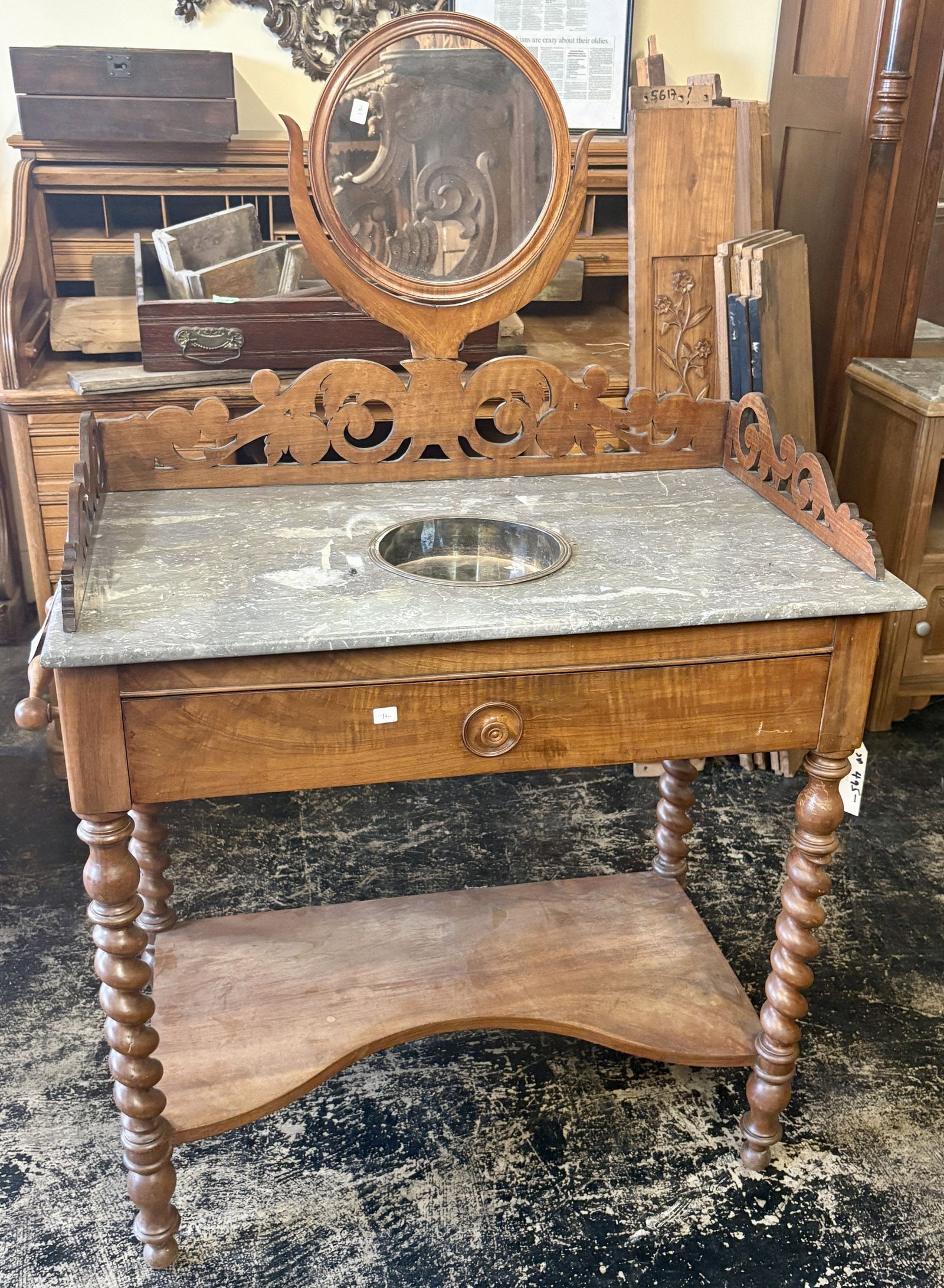 Late 19th-century French Louis Philippe Style Washstand, featuring a Grey Marble Top with a Built-in: Late 19th-century French Louis Philippe Style Washstand, featuring a Grey Marble Top with a Built-in Washbowl and a Pivoting Round Mirror on Scroll Legs with Side Towel Bars - 19"x34"x 52" - NOT AVAIL
