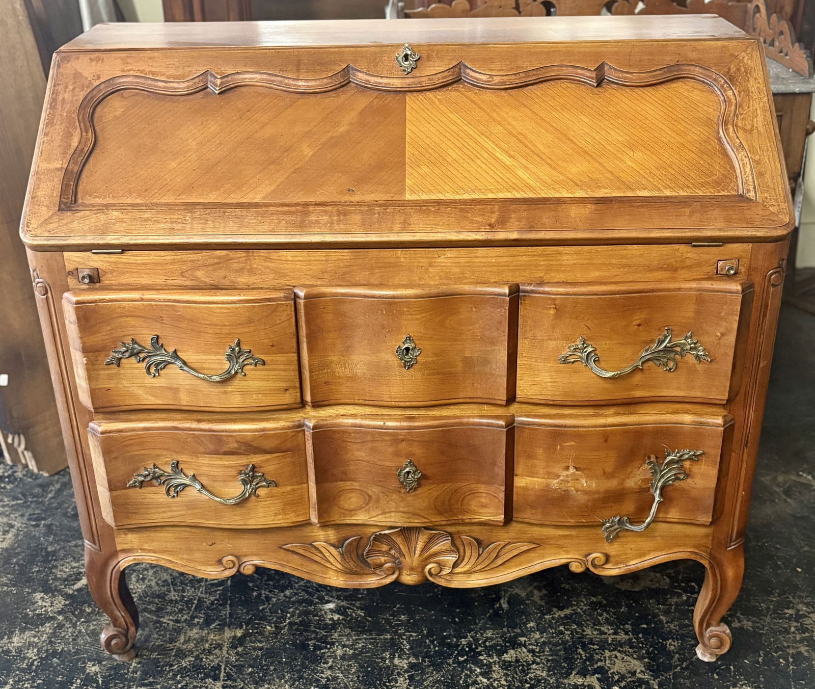 Antique French Provincial Louis XV Style Slant-front Secretary Writing Desk, featuring a Green: Antique French Provincial Louis XV Style Slant-front Secretary Writing Desk, featuring a Green Leather Writing Surface, Cabriole Legs, and Ornate Brass Hardware - 21"x41"x38" - NOT AVAILABLE FOR SHIPP