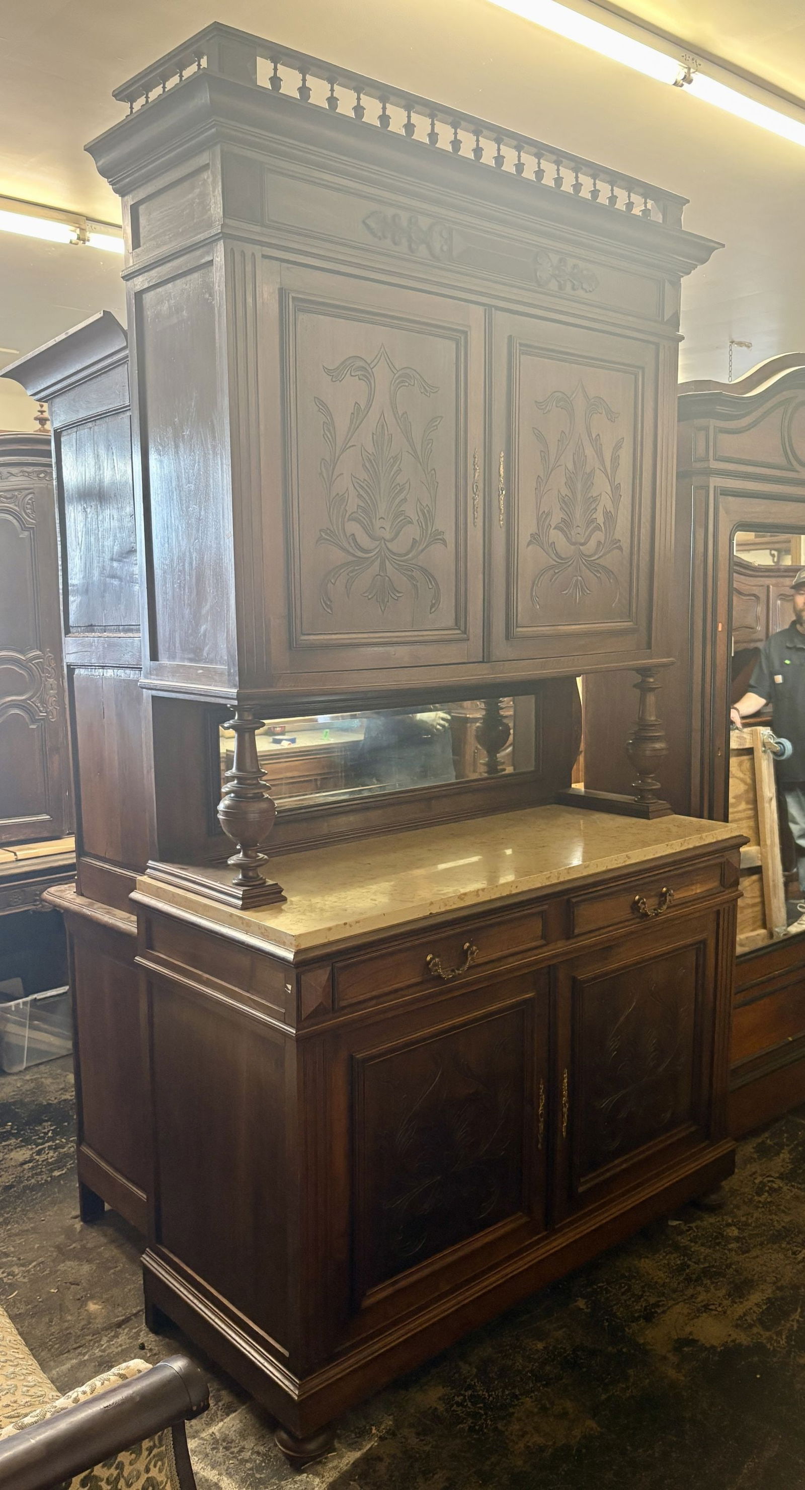 Antique French Renaissance Revival-style Buffet Hutch, likely made of walnut or oak, featuring (1 of 9)