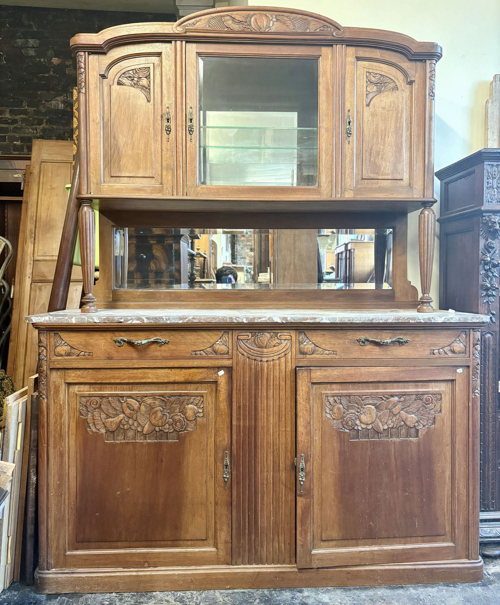 French Louis XVI style Walnut Sideboard or Buffet Cabinet featuring Carved Floral and Fruit Motifs, (1 of 6)