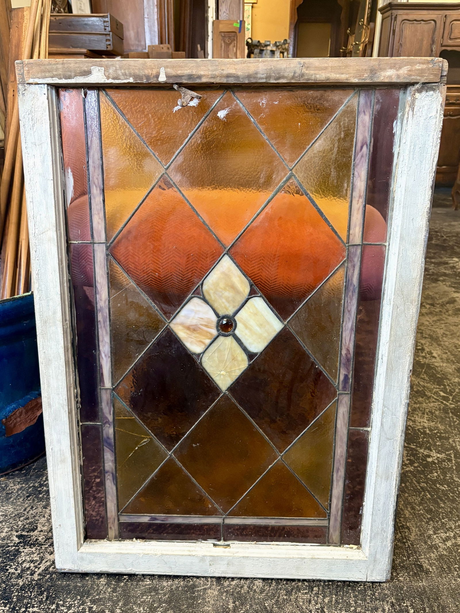 Antique Victorian Stained Glass Window featuring a Leaded Diamond Pane Pattern w/ amber, Orange and (1 of 6)