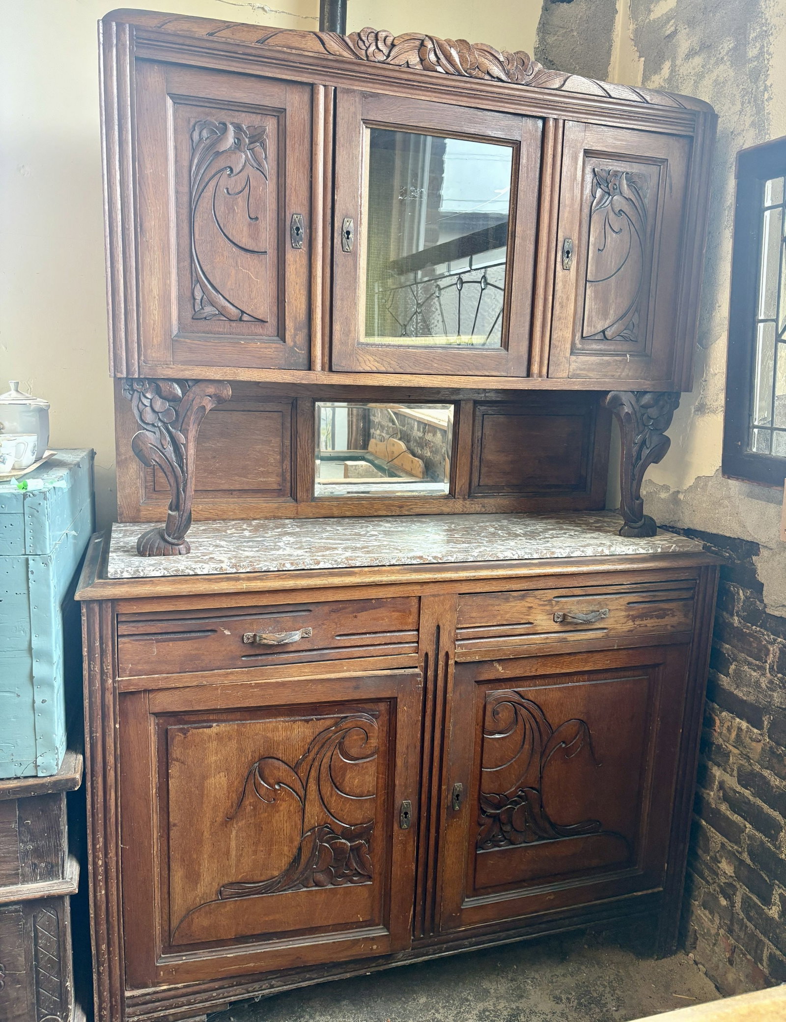 Antique French Art Nouveau Sideboard/Buffet featuring a Marble Top Surface, Glass Paneled Upper: Antique French Art Nouveau Sideboard/Buffet featuring a Marble Top Surface, Glass Paneled Upper Cabinet Door and Lower Storage Compartments - 51"x18"x77" - NOT AVAILABLE FOR SHIPPING, PICK UP OR TRANS
