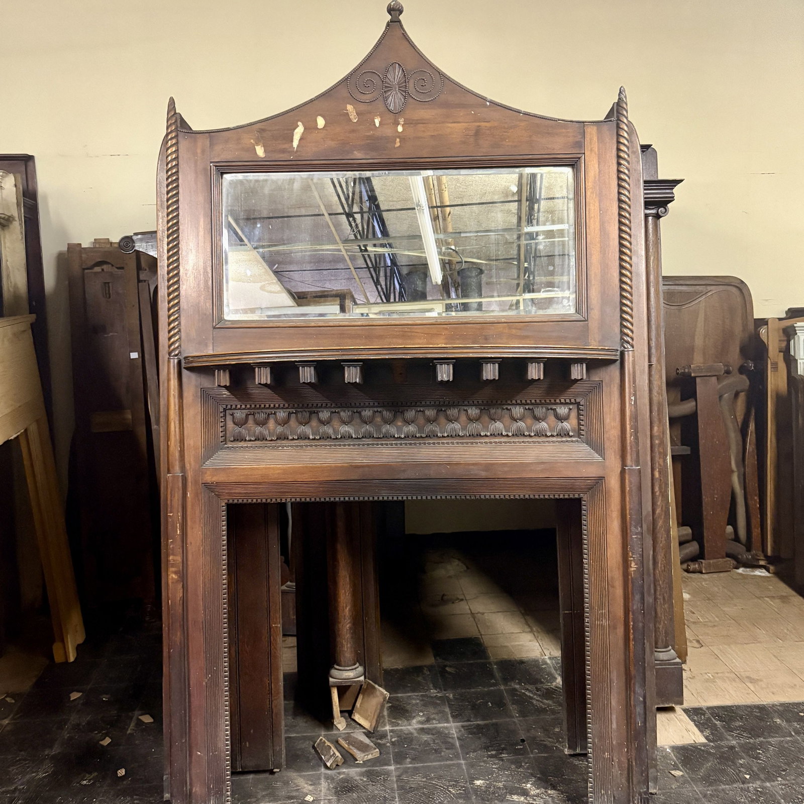 Antique Wooden Fireplace Mantel, likely of French Origin, featuring an Integrated Overmantel Mirror (1 of 6)