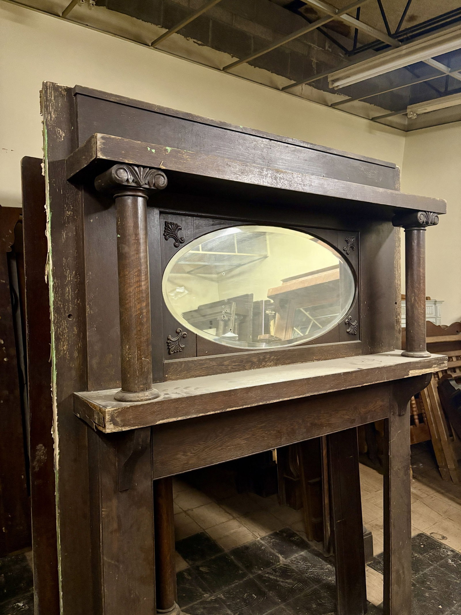 Oak Fireplace Mantel featuring a Beveled Oval Mirror, designed with Egg and Dart and Embossed Ribbon - 2