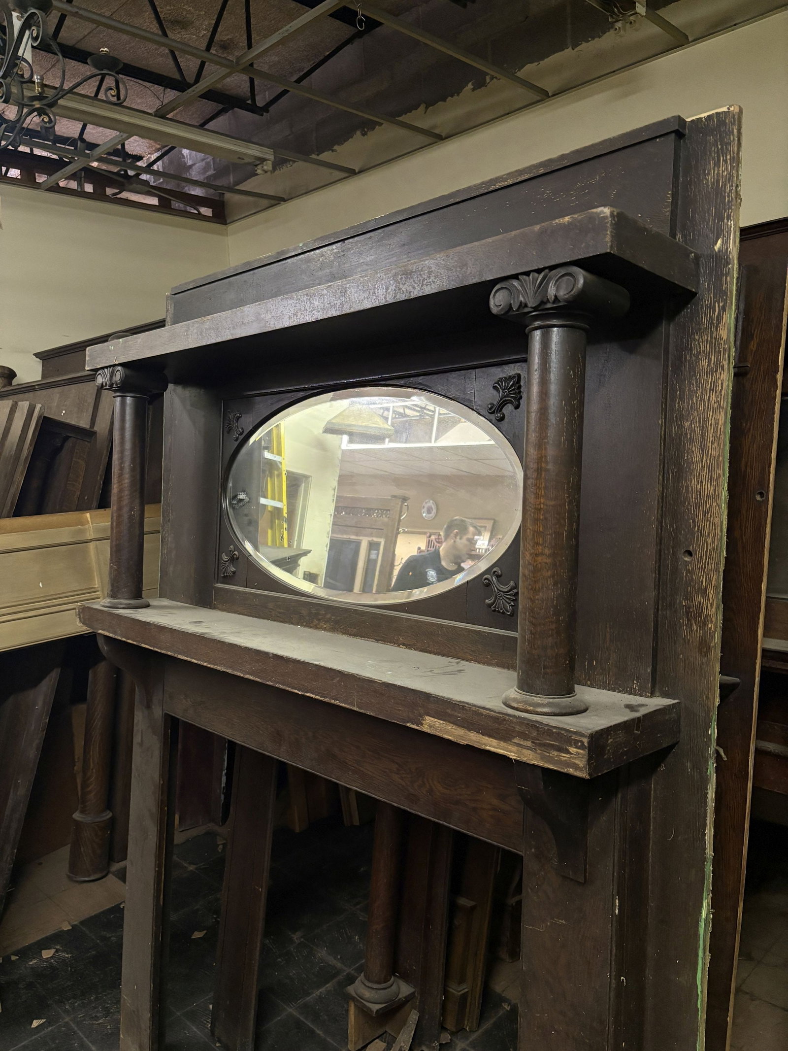 Oak Fireplace Mantel featuring a Beveled Oval Mirror, designed with Egg and Dart and Embossed Ribbon - 4