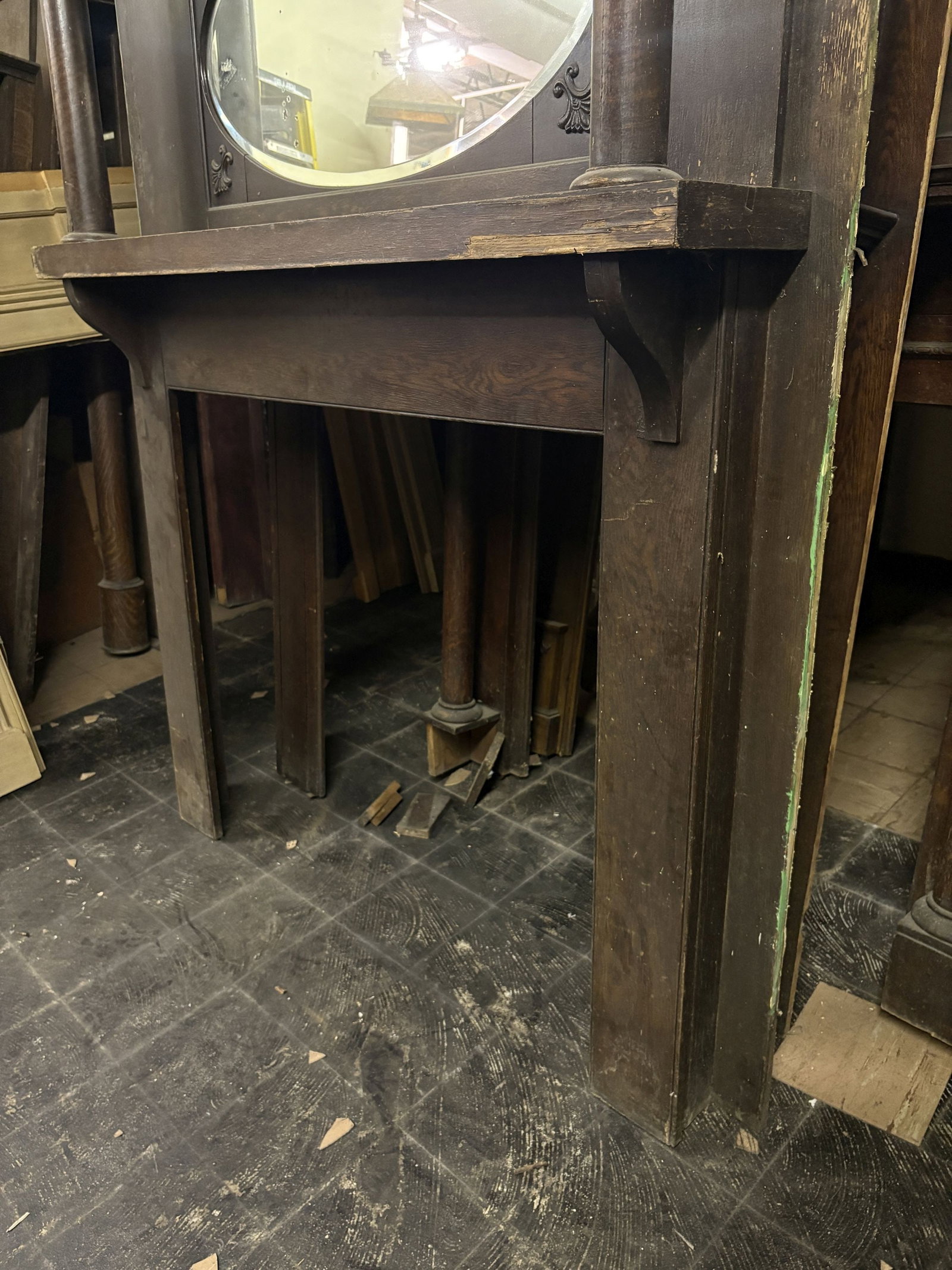 Oak Fireplace Mantel featuring a Beveled Oval Mirror, designed with Egg and Dart and Embossed Ribbon - 5