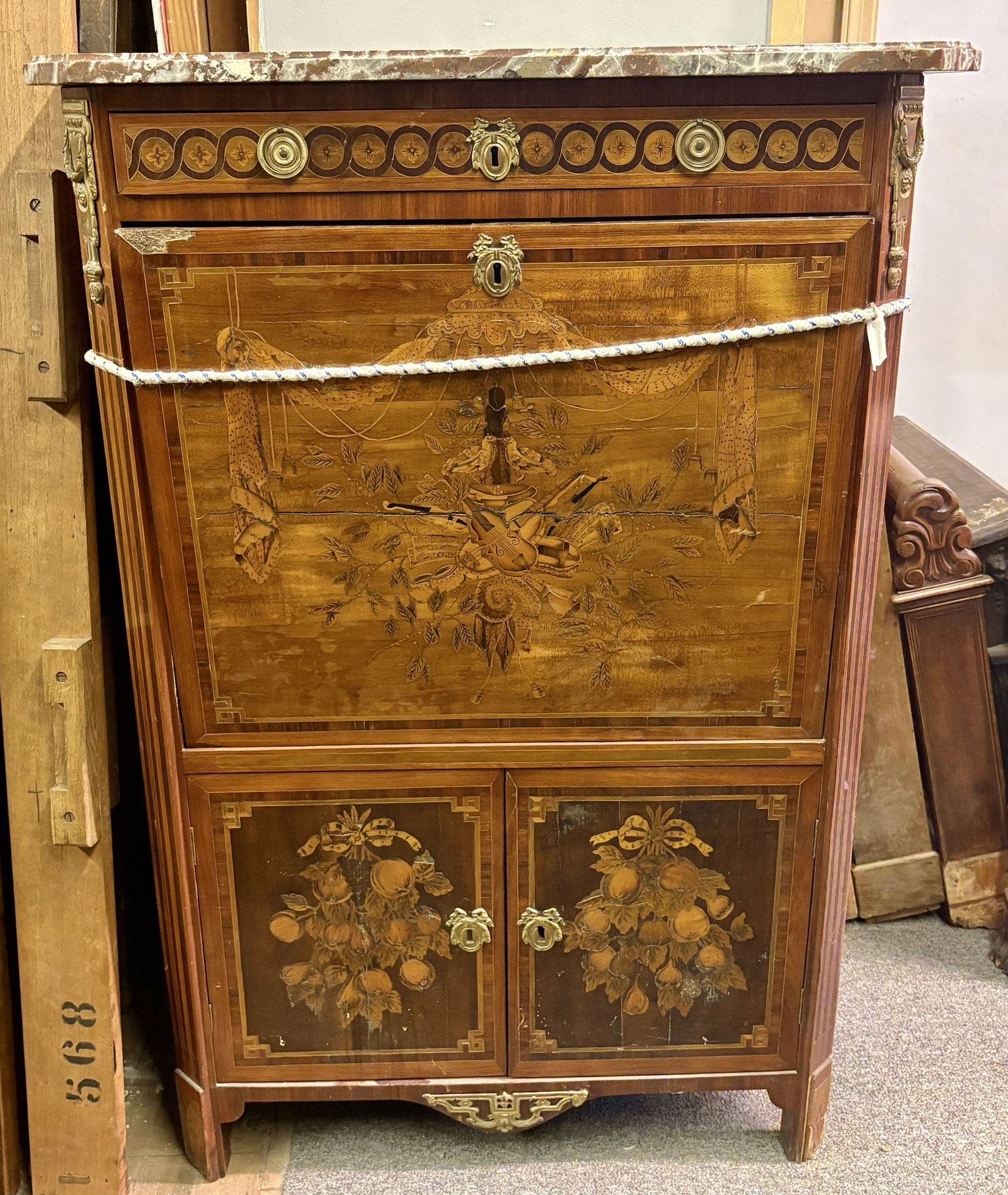 18th-century French Louis XVI Inlaid Wood Secretaire (secretary desk) featuring a Marble top,: 18th-century French Louis XVI Inlaid Wood Secretaire (secretary desk) featuring a Marble top, Marquetry Wood Inlay, and Chiselled Gilded Bronze Accents - 38"x15"x56" - NOT AVAILABLE FOR SHIPPING, PICK