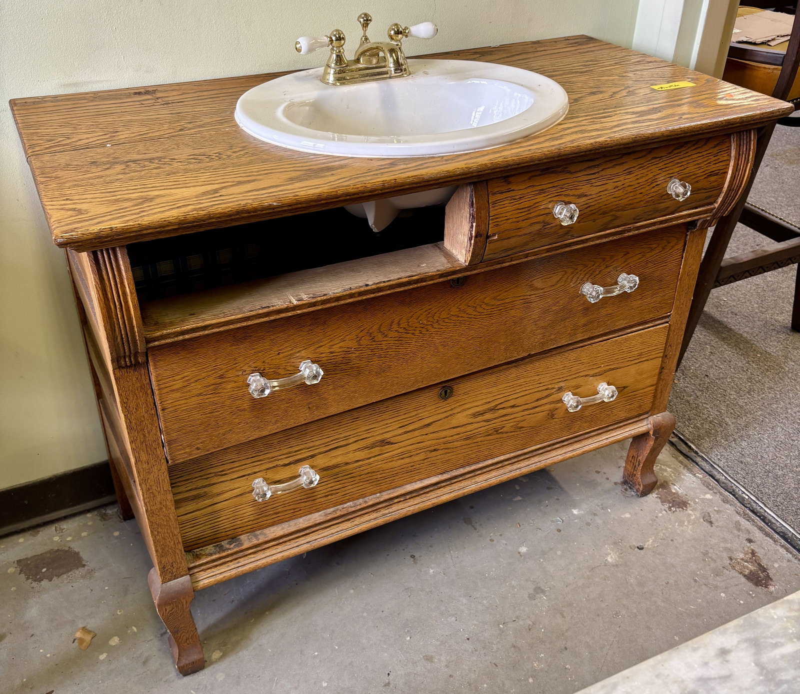 Antique Oak Wood Chest of Drawers Repurposed as a Bathroom Vanity with a Sink and Brass Faucet - (1 of 6)