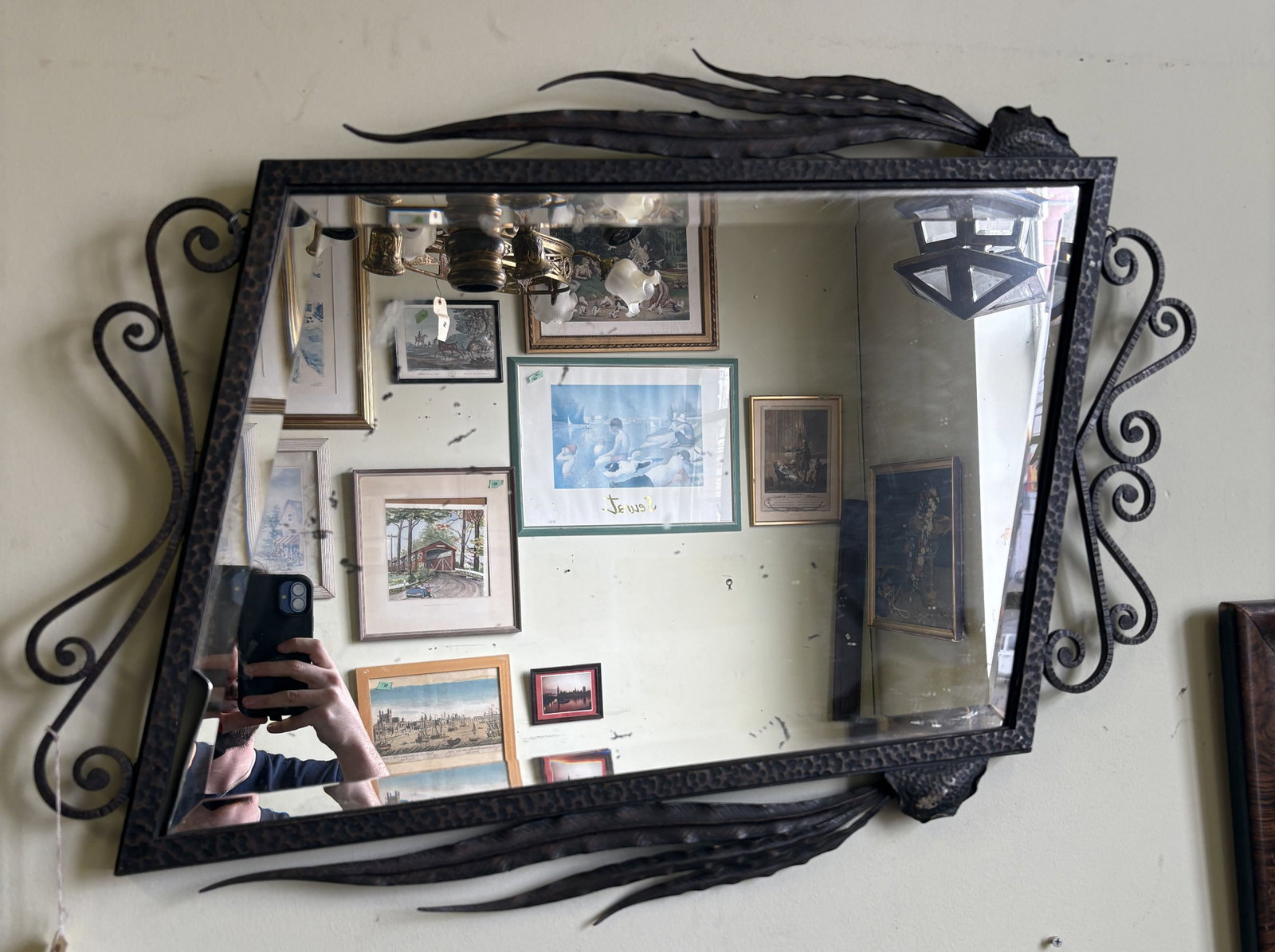 Vintage French Art Deco Style Wall Mirror featuring a Hammered, Wrought Iron Frame with Intricate (1 of 5)