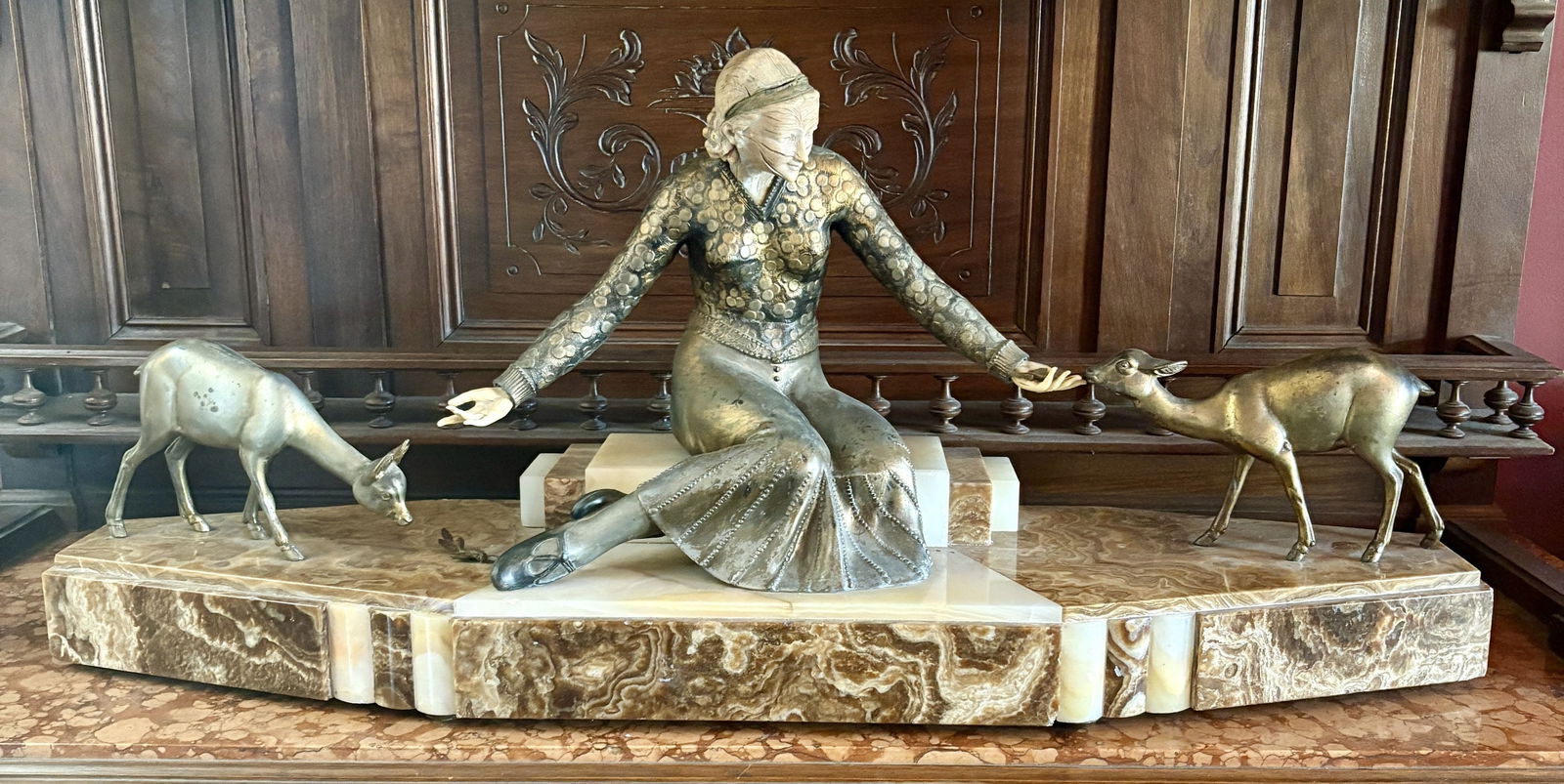 Original Finish Art Deco-style Bronze Sculpture Depicting a Woman with Two Deer on Stone Base -: Art Deco-style Bronze Sculpture Depicting a Woman with Two Deer on Stone Base - 32"x9"x14"