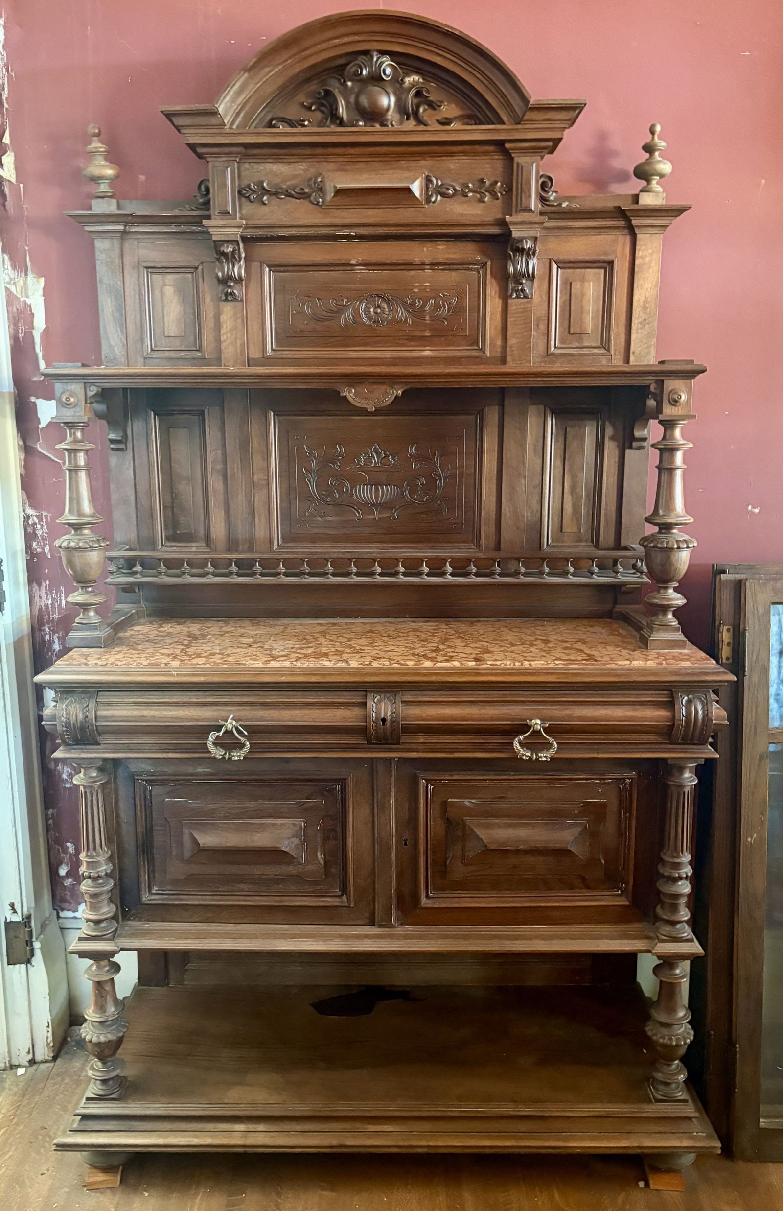 Antique French Renaissance Revival Sideboard or Buffet featuring Ornate Carvings, Turned Finials, (1 of 8)