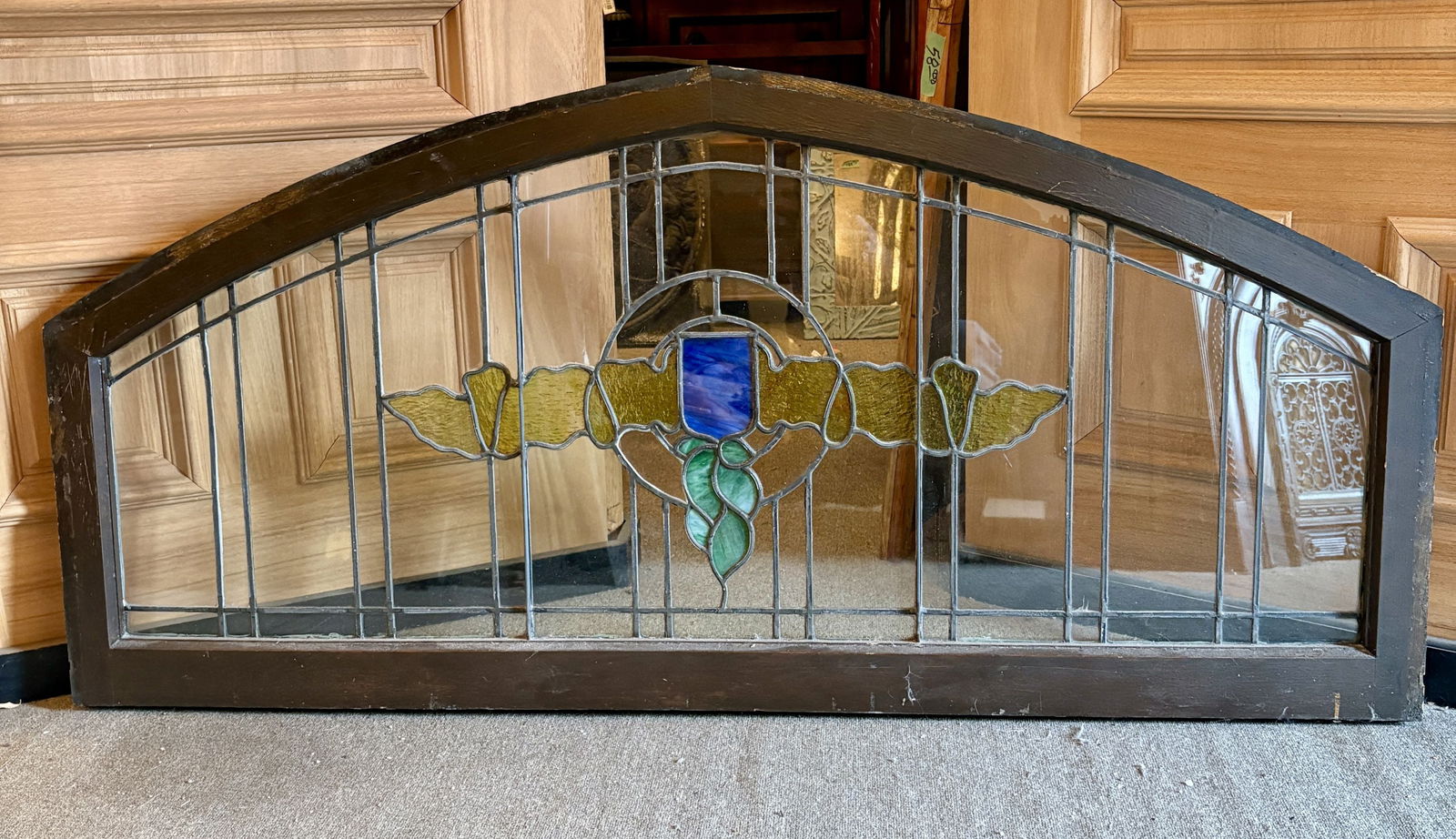 Antique Stained Glass Window Panel featuring a Decorative Central Shield Design with Yellow and (1 of 9)