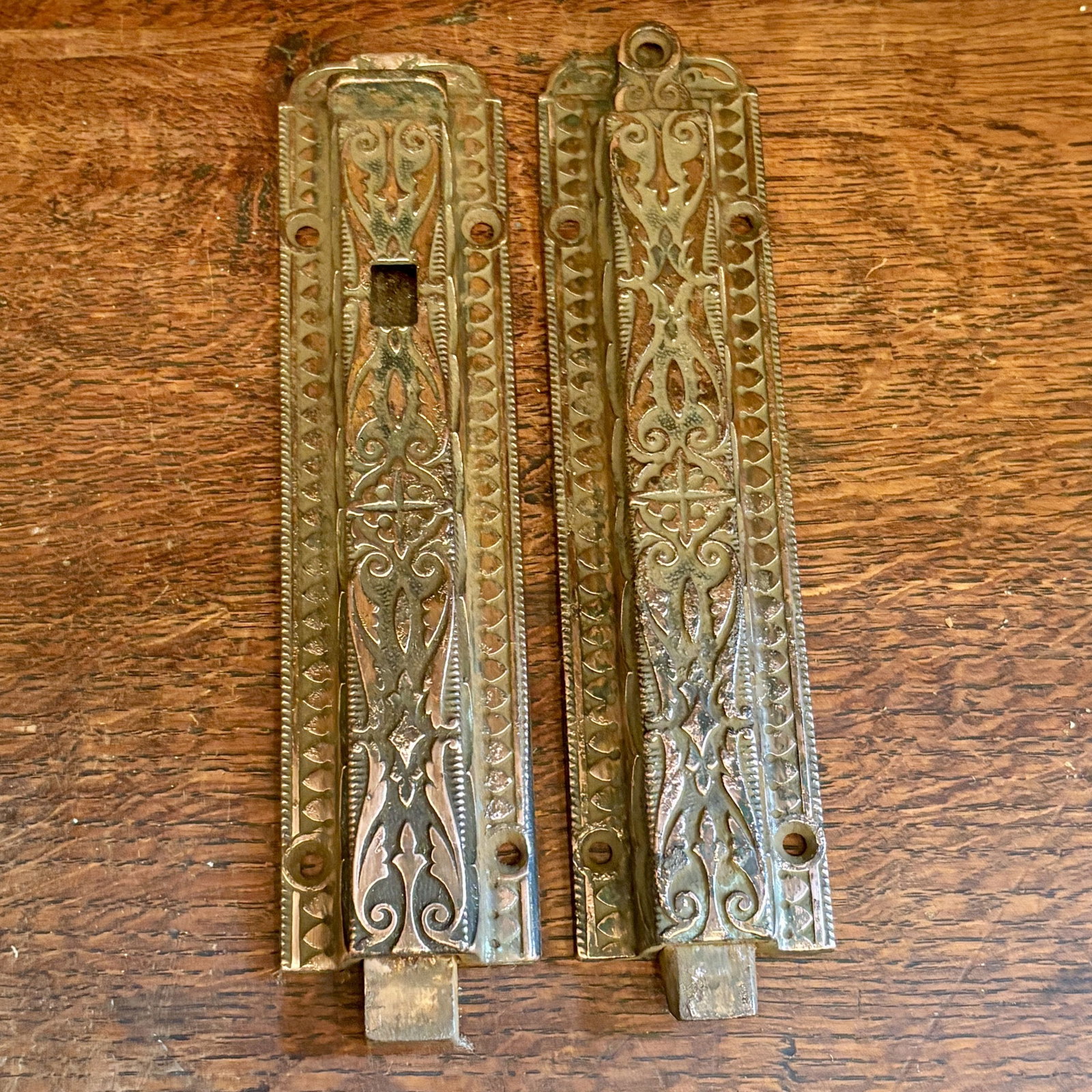 Pair Of Early French Engraved Door Latches - 2"x8.5": Pair Of Early French Engraved Door Latches - 2"x8.5"