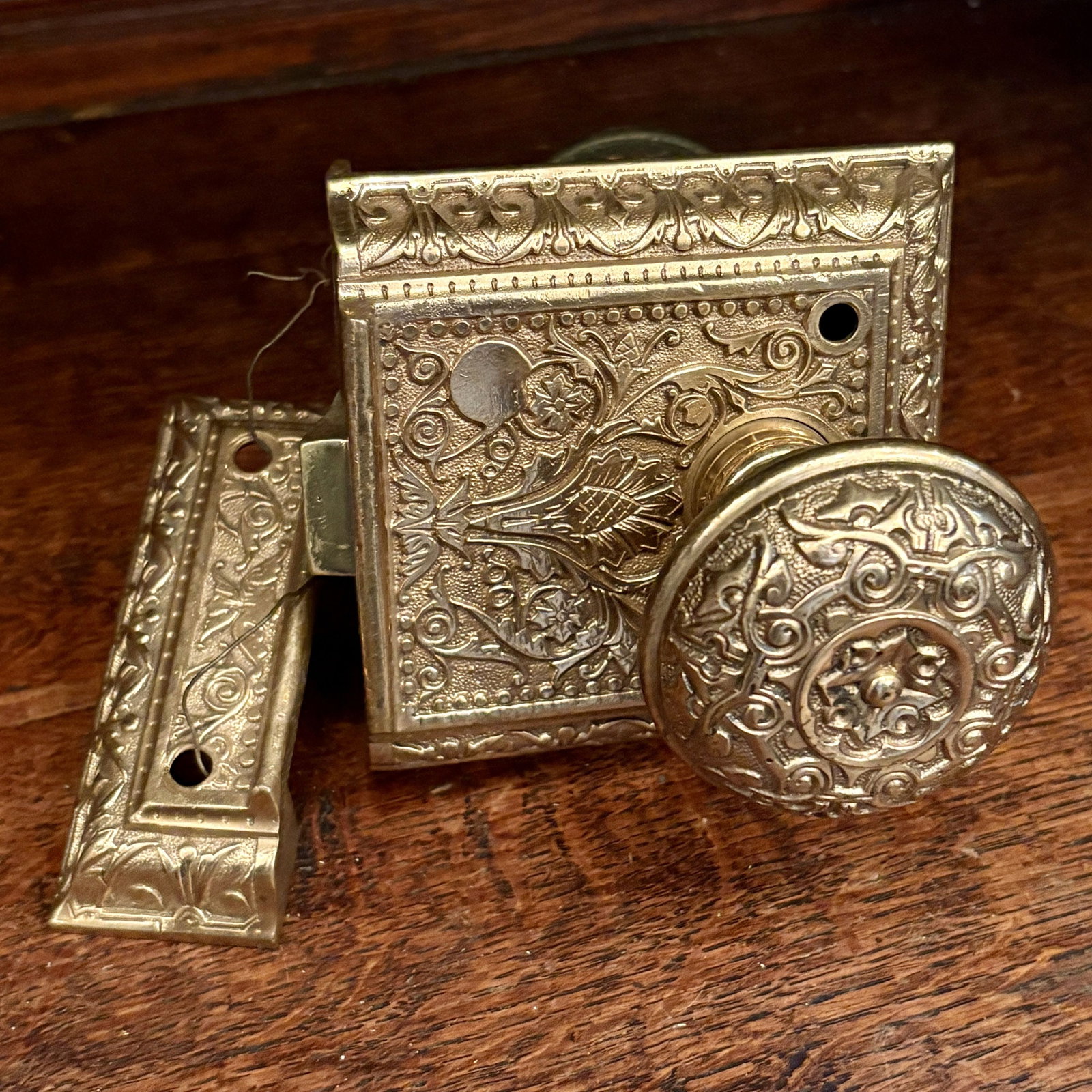 Antique Victorian-era Eastlake Style Rim Lock Set, likely made of Brass or Bronze with Intricate (1 of 4)