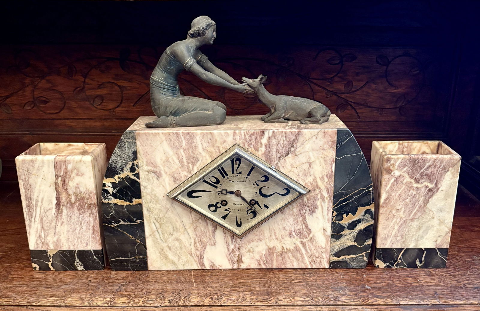 French Art Deco Period Mantle Clock C. 1920 Marble Base With Spelter Sculpture Of A Woman With Deer;: French Art Deco Period Mantle Clock C. 1920 Marble Base With Spelter Sculpture Of A Woman With Deer; Margastaut 4"X21"X13"