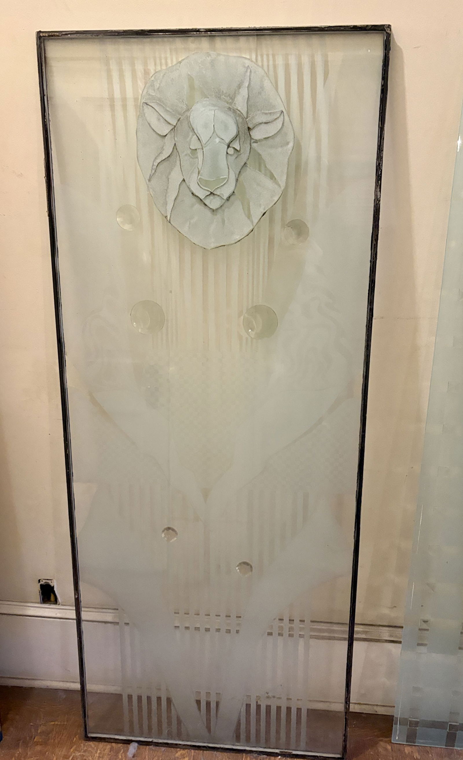 Large Decorative Art Glass Panel Featuring Molded Lionhead 27"X67": Large Decorative Art Glass Panel Featuring Molded Lionhead 27"X67"