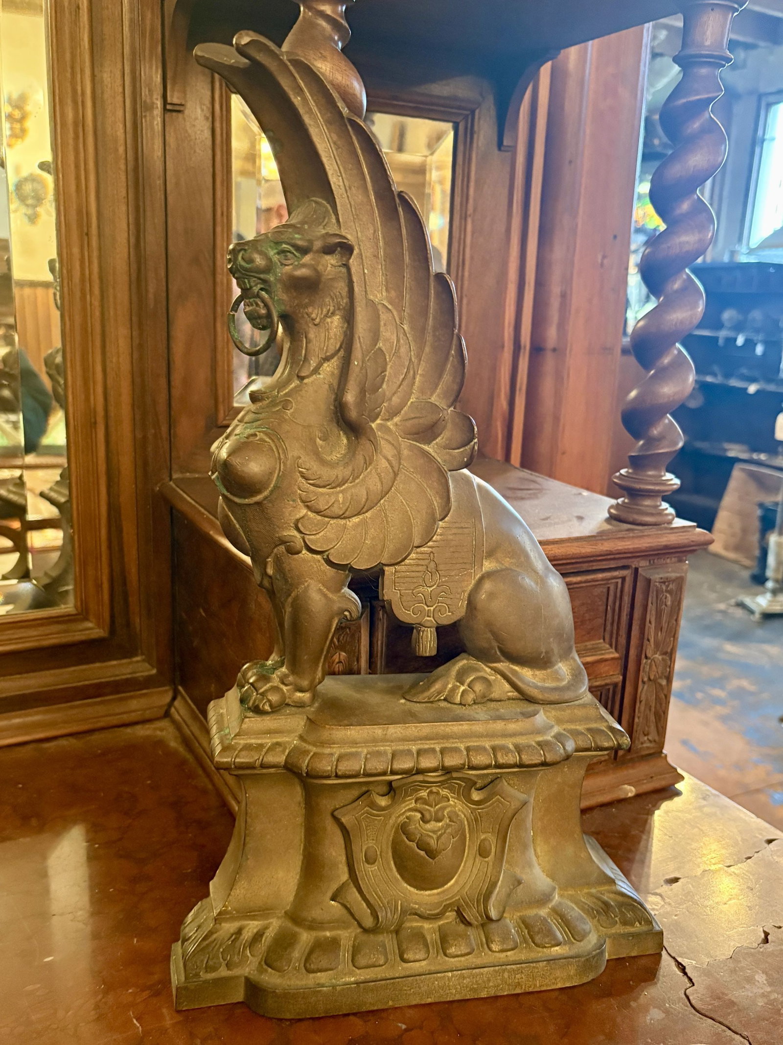 Bronze Andiron - Sculpture Of Winged Lion Or Griffin 3"X10"X17": Bronze Andiron - Sculpture Of Winged Lion Or Griffin 3"X10"X17"
