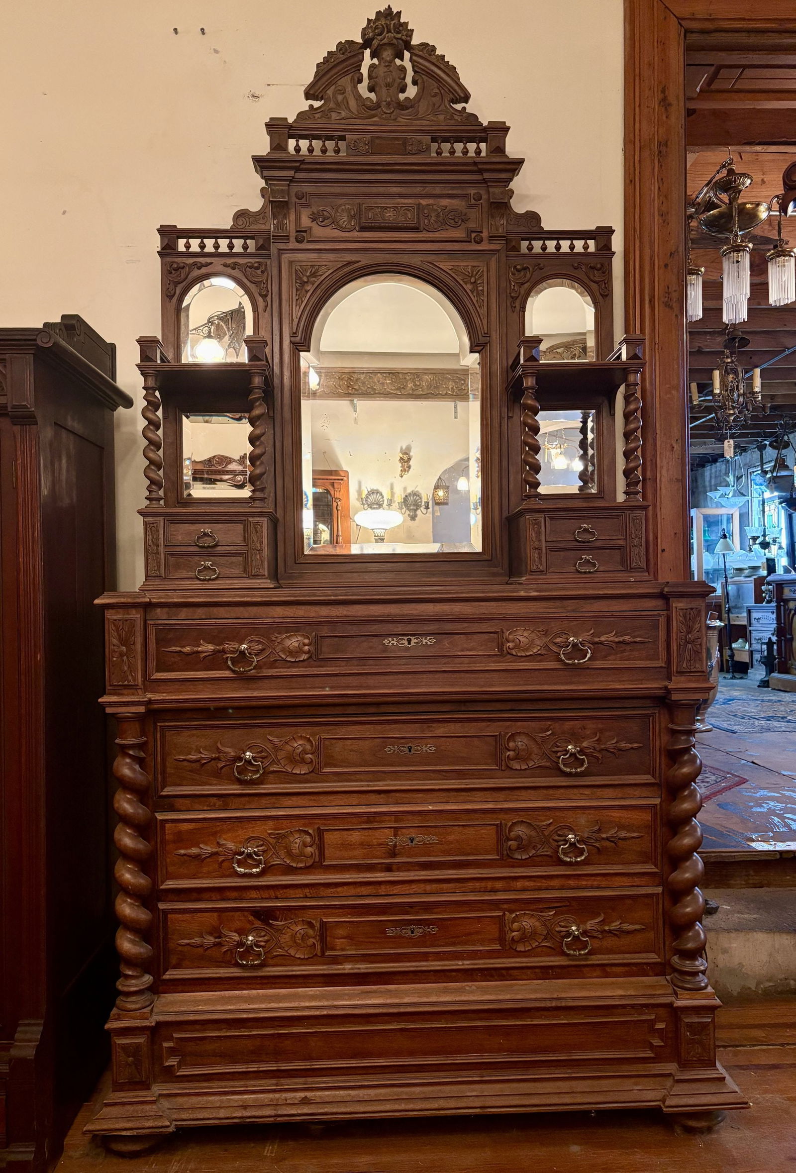 Late 19th Century French Walnut Dresser With Mirror, Intricate Carvings, Barley Twist Full Columns: Late 19th Century French Walnut Dresser With Mirror, Intricate Carvings, Barley Twist Full Columns 24"X48X102" - NOT AVAILABLE FOR SHIPPING, PICK UP OR TRANSPORT ONLY