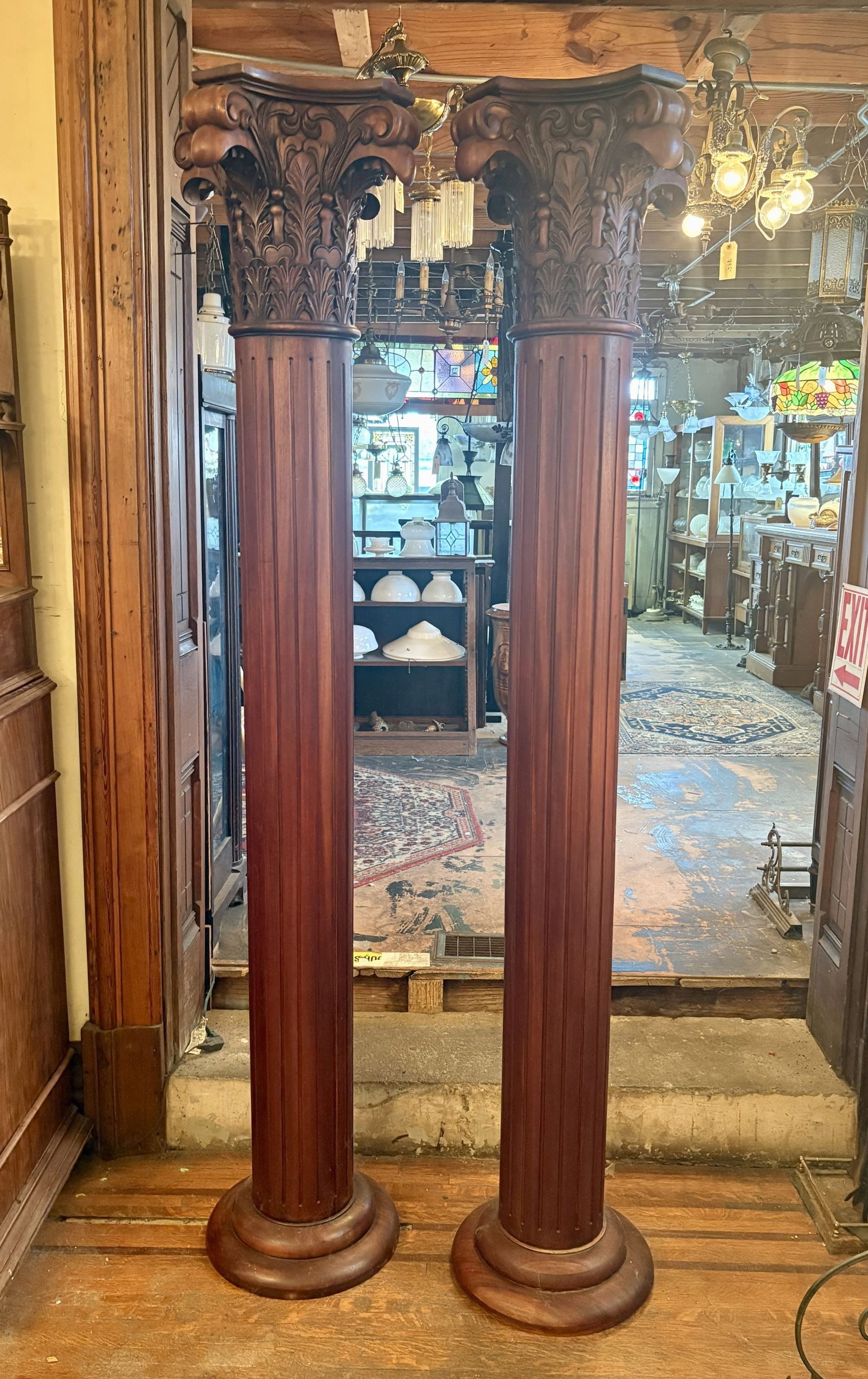 Pair Of Mahogany Grecian Style Columns With Detailed Corinthian Style Capitals 15"X15"X85": Pair Of Mahogany Grecian Style Columns With Detailed Corinthian Style Capitals 15"X15"X85"