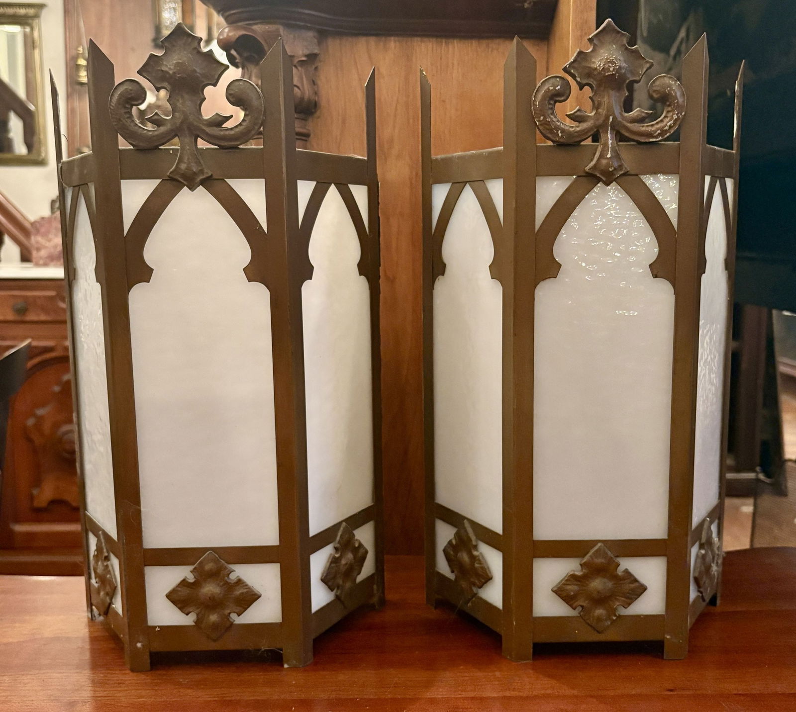 Antique Hexagonal Gothic-style Hanging Pendant Lights featuring Gilt Metal Frames and Milk Glass (1 of 5)