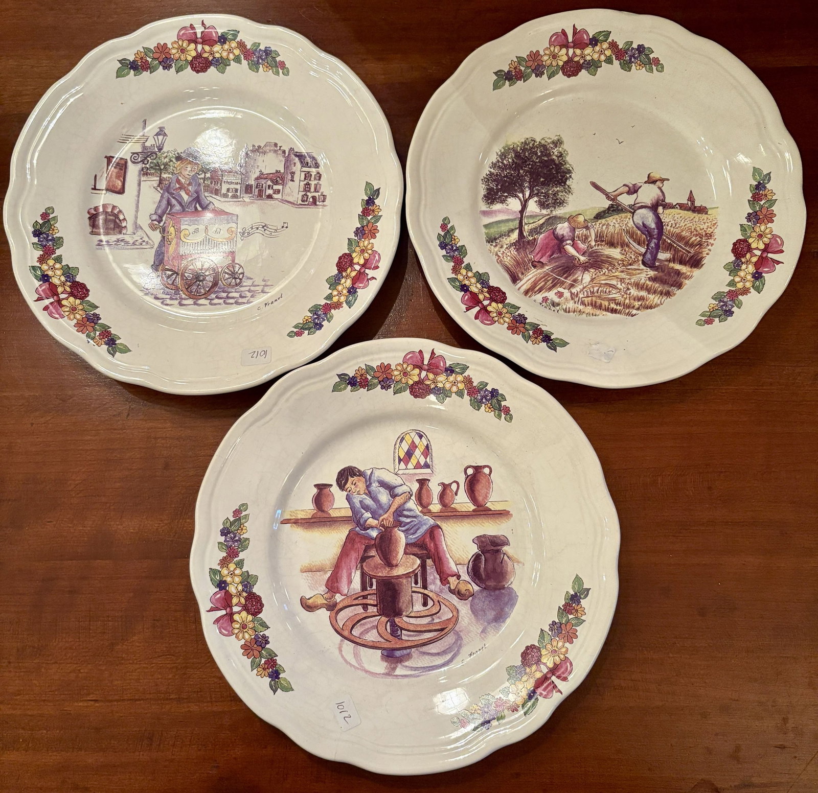 Vintage Ceramic Scene Plates, marked be designer C. Franel - 9.5": Vintage Ceramic Scene Plates, marked be designer C. Franel - 9.5"
