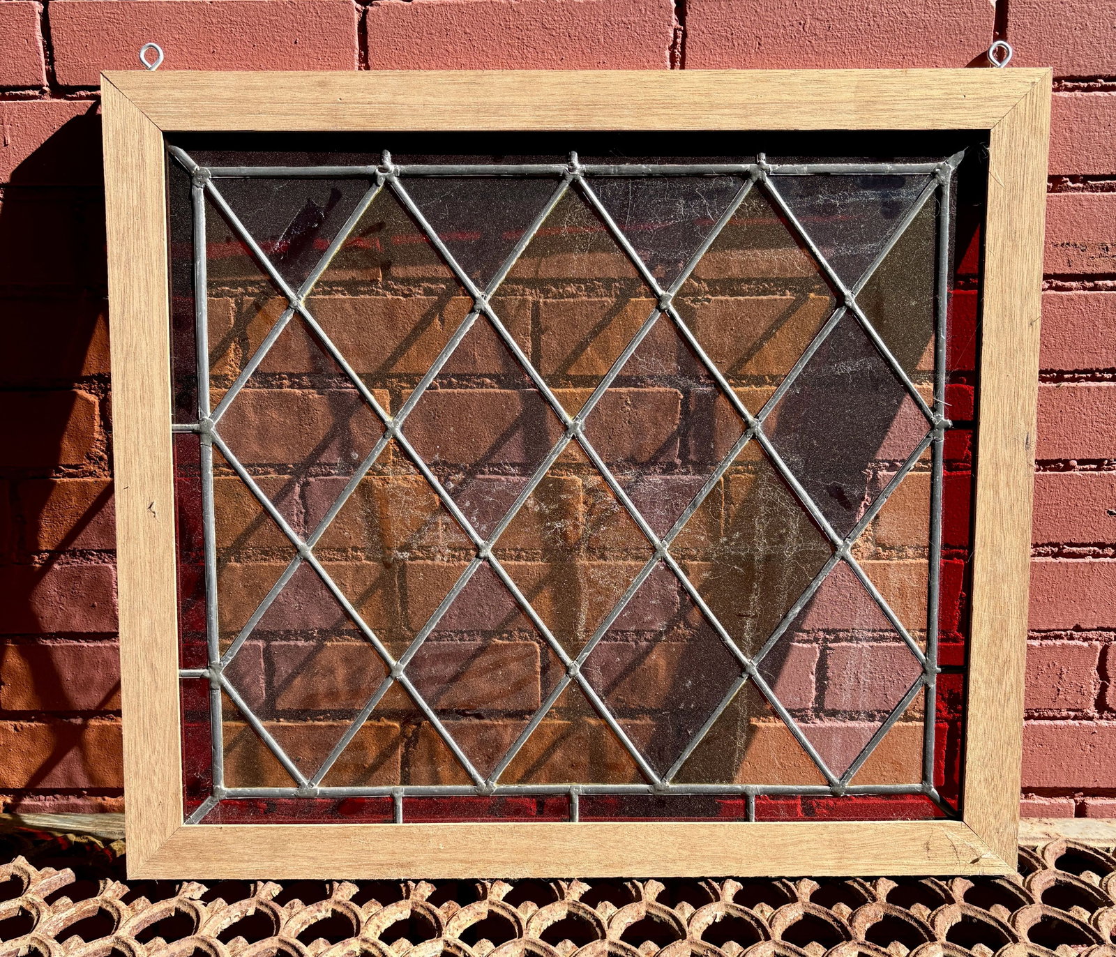 Leaded Stained Glass Window Panel Red/Yellow/Green 26"X24": Leaded Stained Glass Window Panel Red/Yellow/Green 26"X24"