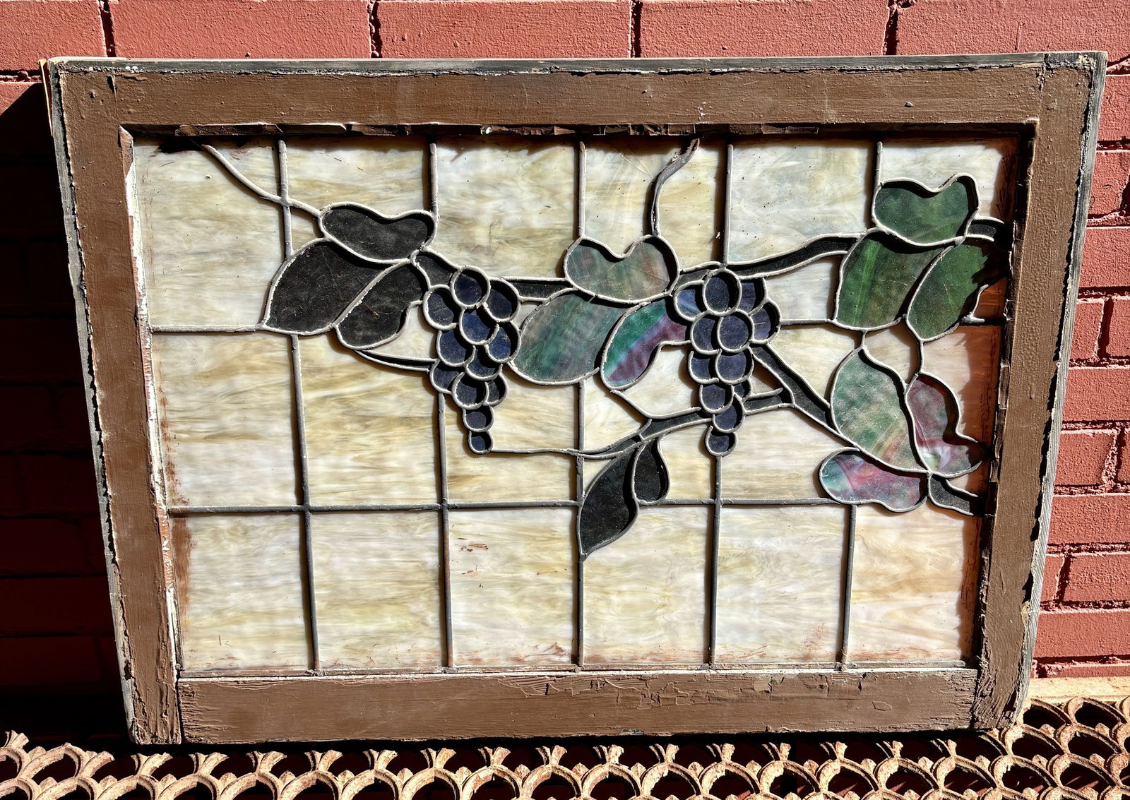 Antique Leaded Stained Glass Window With Grape - Leaf Design 34"X26": Antique Leaded Stained Glass Window With Grape - Leaf Design 34"X26"